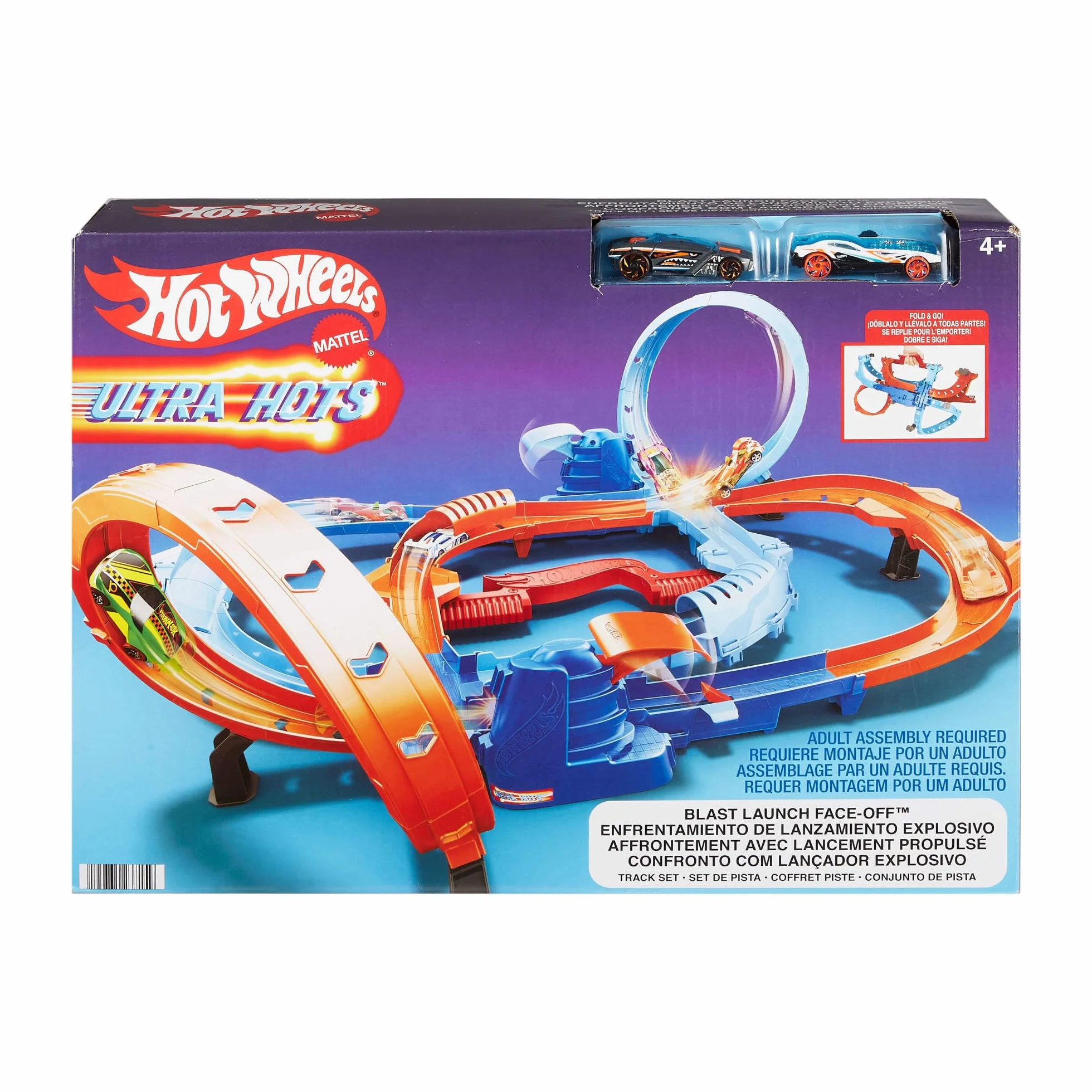 Hot Wheels Ultra Hots - Sfida Turbo Lanci, playset pista con 2 lanciatori azionabili, loop, incroci e zone di scontro, 2 macchinine incluse, giocattolo per bambini, 4+ anni, HXR71