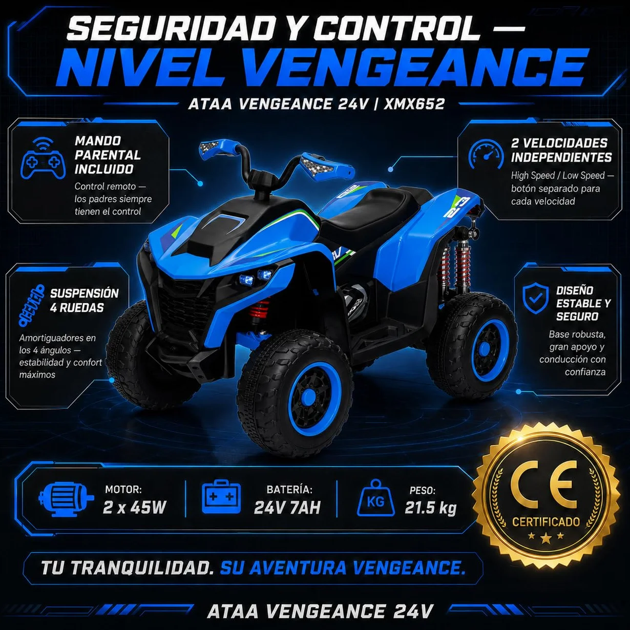 Quad elettrico per bambini 24 V ATAA Vengeance blu moto a batteria per bambini con telecomando luci LED musica e Bluetooth