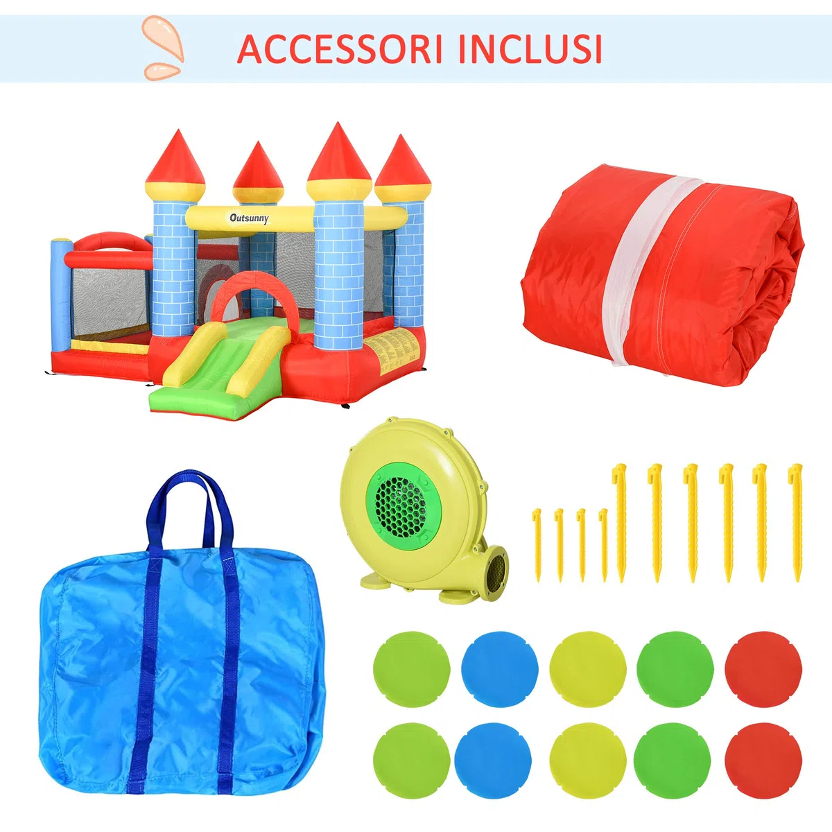 Outsunny Castello Gonfiabile Gigante e Rimbalzante per Bambini 3-8 Anni con Scivolo, Piscina e Canestro, 280cmx260cmx210cm