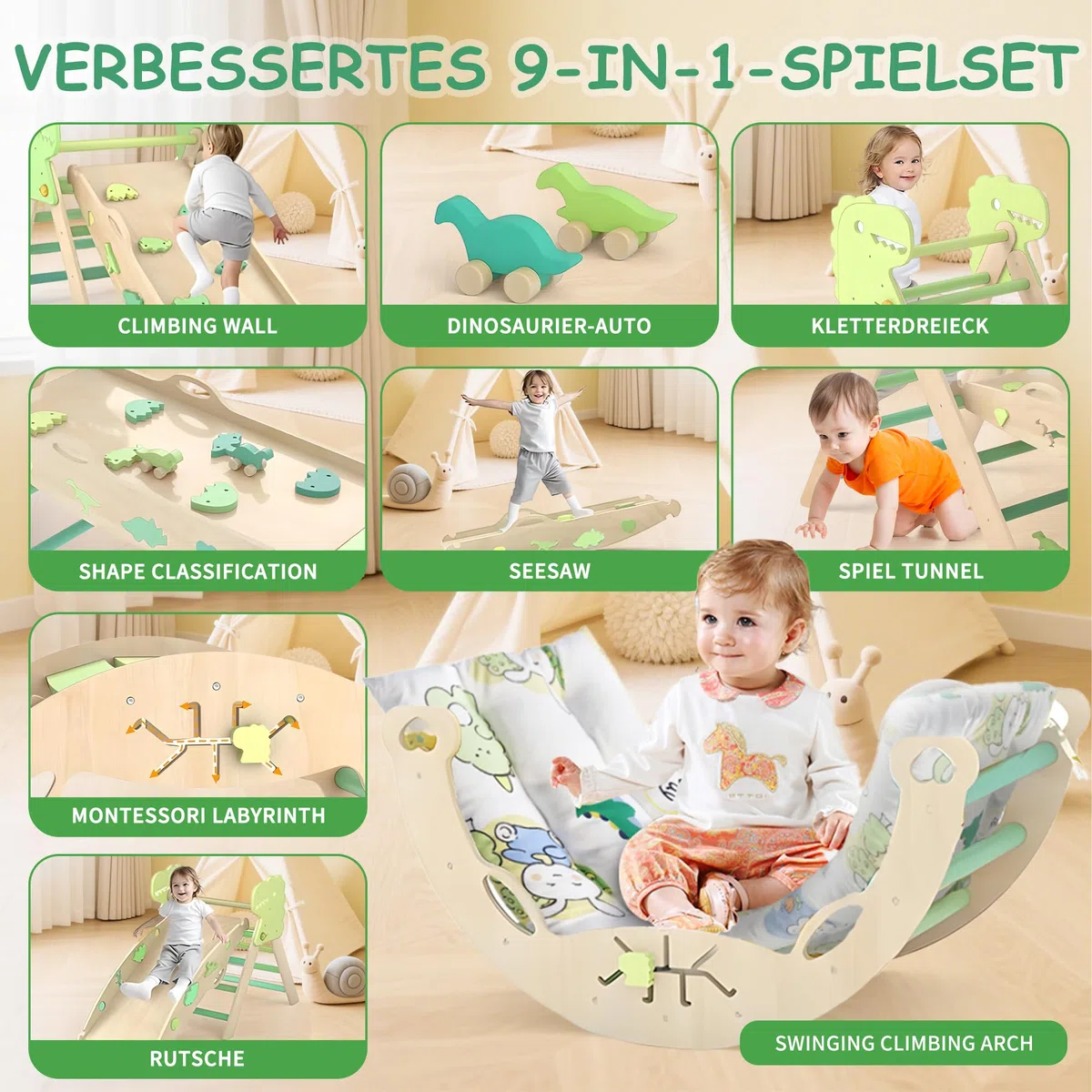 Montessori 9 in 1 Set da Gioco per Arrampicata per Bambini con Cuscino e Scivolo