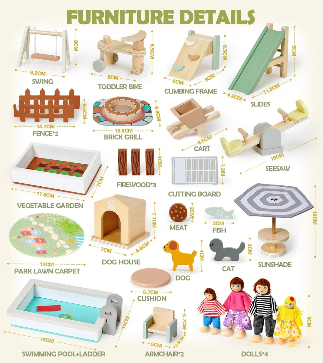 Atoylink 26 PCS Mobili in Legno per Casa delle Bambole con 4 Bambole, Accessori, Regalo di Compleanno per Bambini 3-6 Anni