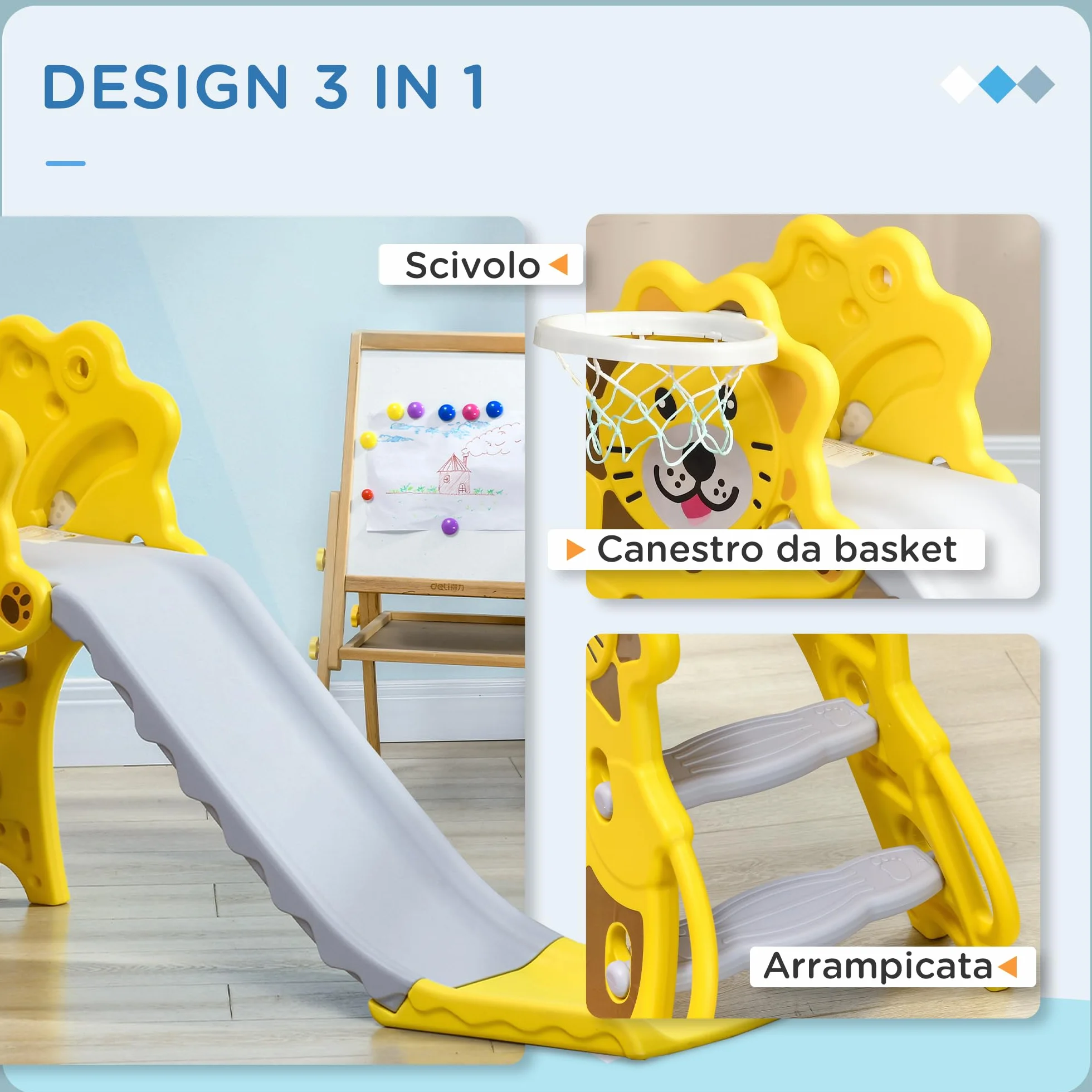 AIYAPLAY Scivolo per Bimbi 18-36 Mesi con Canestro da Basket Laterale, Scivolo in Plastica, 131x50x74 cm, Giallo e Grigio