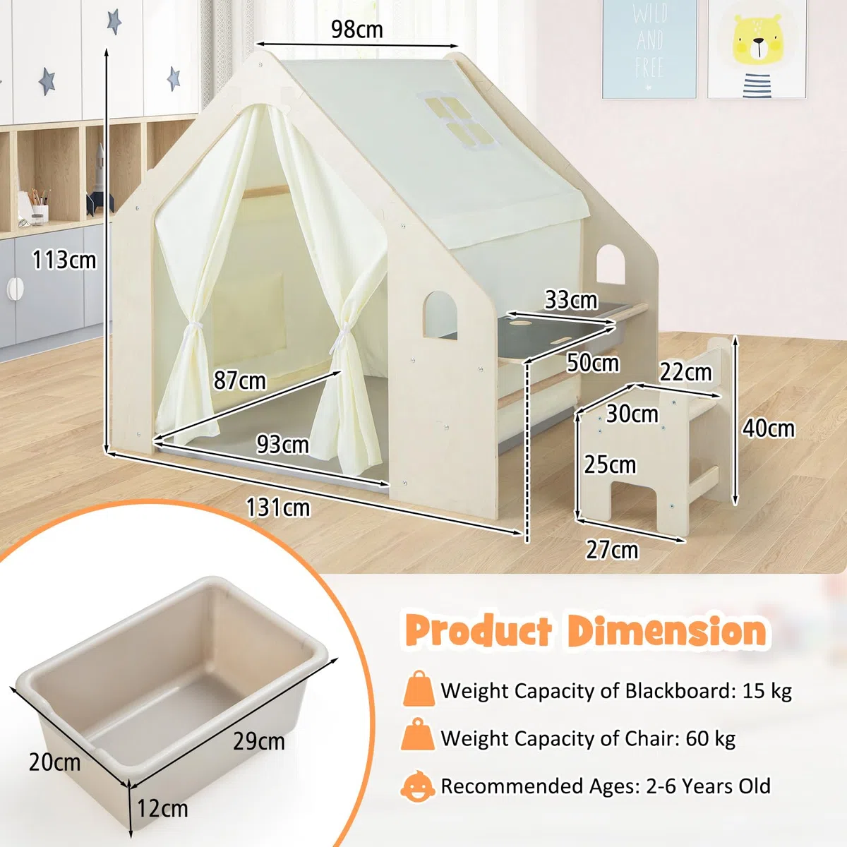 HOMASIS 6 in 1 Tenda per Bambini da Interno, Tenda Gioco con Tavolo e Sedia per Bambini, Casa da Gioco con Tappetino, Lavagna, Scatola Portagiochi (1 Scatola)