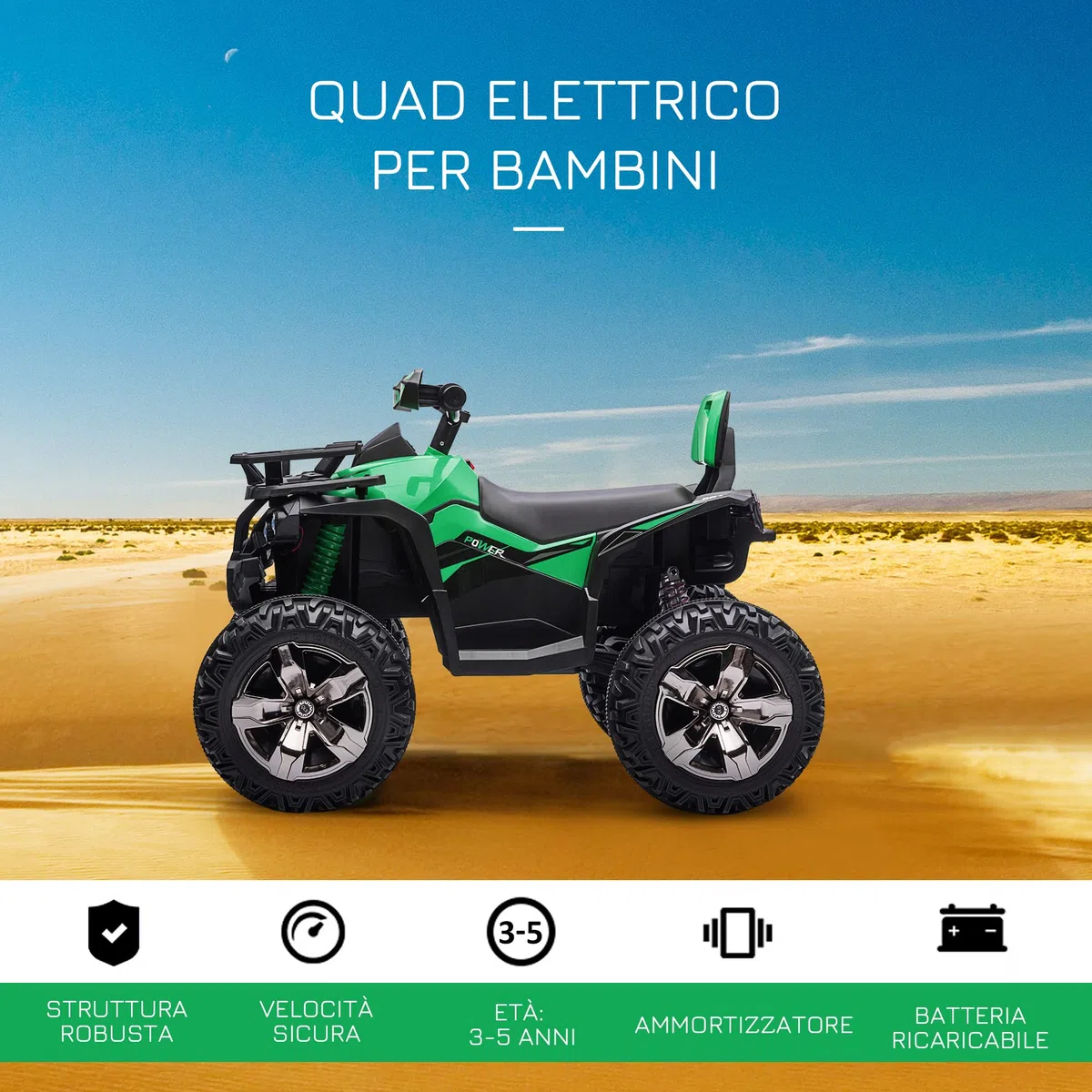 HOMCOM 12V Quad Elettrico per Bambini 3-8km/h Auto Elettrica Doppi Motori Ruote Larghe Batteria 10AH 100x65x73 cm Verde