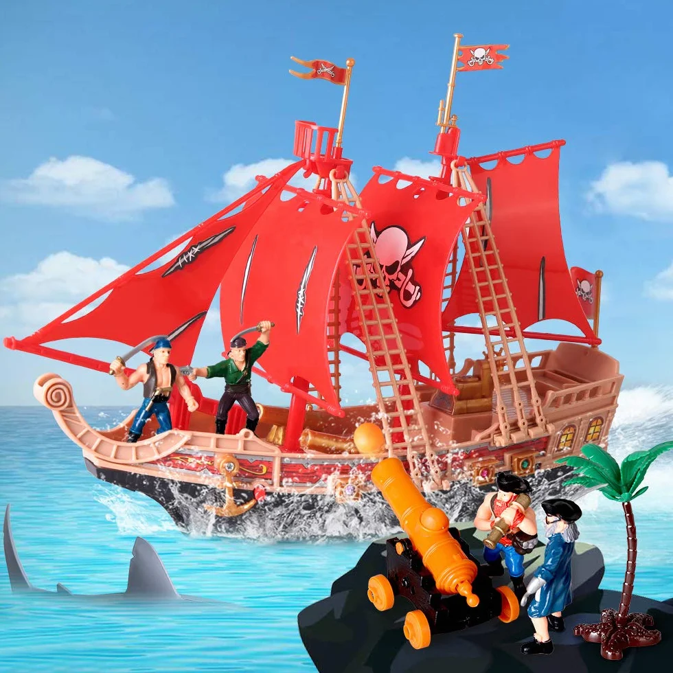 Bambini Pirate Ship Adventure Giocattoli Con Plastica Action Figures Pirate Vessel Playset con Squalo, Barca, Cannone, Alberi e Altri Accessori Regalo Educativo per Ragazzi Ragazze 3 4 5 6 7 8 Anni
