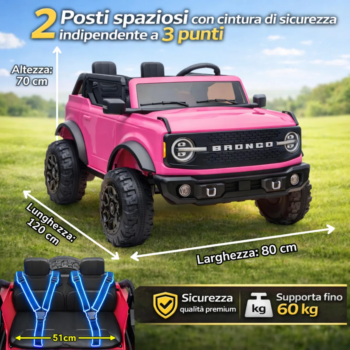 Ford Bronco 24V Maxi Auto Elettrica Bambini 2 Posti Telecomando Porte Apribili Bluetooth 60 Kg Rosa