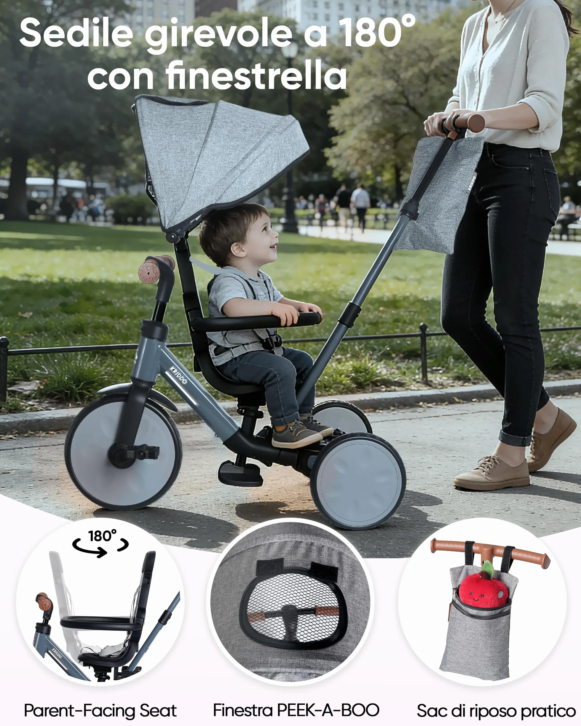 KRIDDO Triciclo evolutivo 8 in 1 per bambini 18 mesi-5 anni, Triciclo passeggino con maniglione, triciclo e bici senza pedali, cintura a 5 punti, cappottina pieghevole e borsa portaoggetti, Grigio
