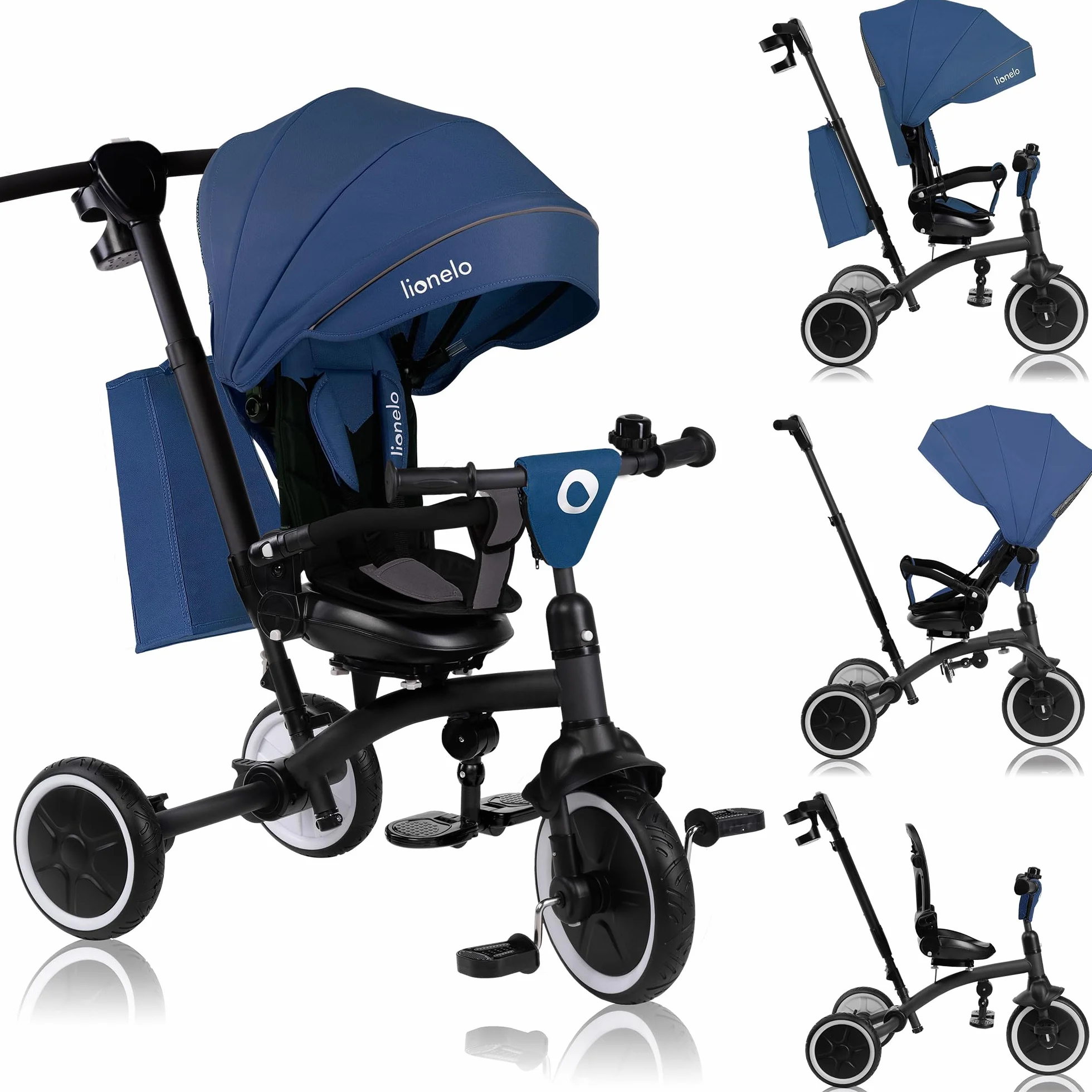 LIONELO Tris Plus 2in1 Bicicletta Triciclo e Passeggino pieghevole per bambini da 9 mesi fina a 25kg Sedia 360gradi Fronte Mamma o Strada Bici regolabile e compatta Borsa Portabibite Ruote PU (Blue)