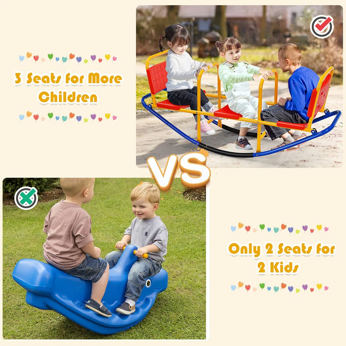 HOMASIS Altalena a Bilico per Bambini 3 Posti, Altalena a Dondolo in Metallo, Portata 90 kg, per Bambini 3-8 Anni (Rosso)