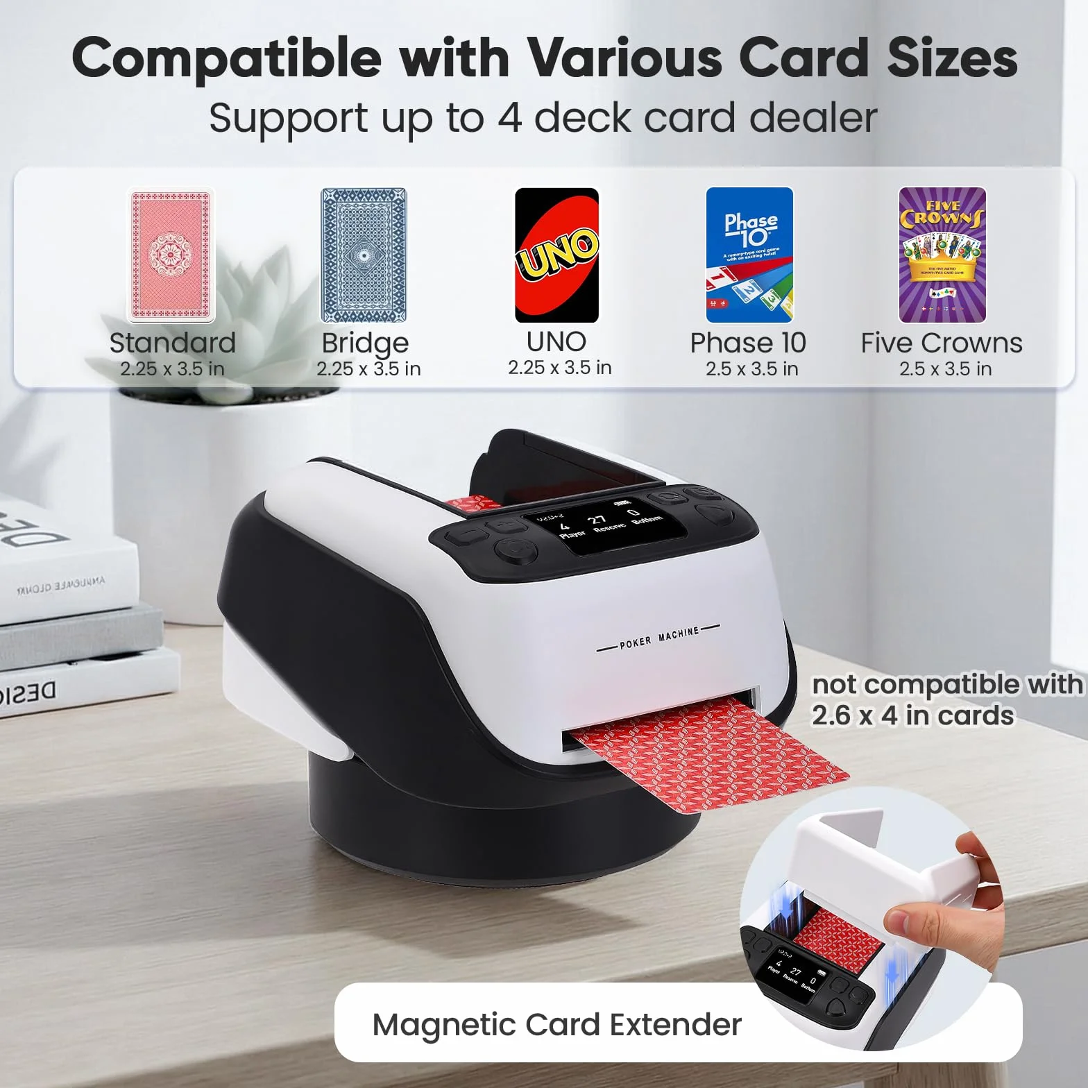Distributore automatico di carte con telecomando – 4 mazzi, fino a 8 giocatori, generatore di carte elettrico per poker, ONU, Texas Hold'em – con estensione della carta, distanza di lancio regolabile