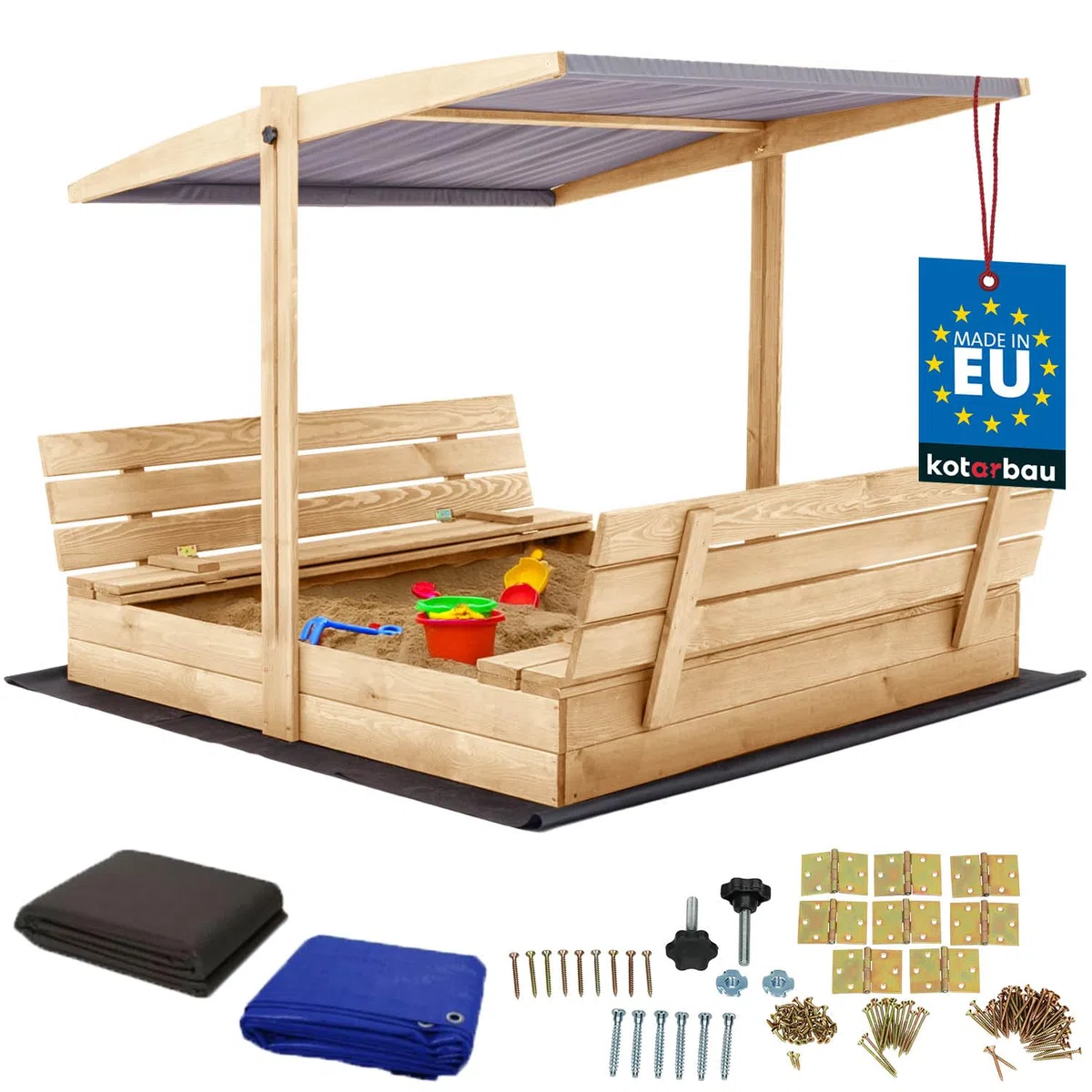 KOTARBAU® Sabbiera per Bambini - Legno di Pino - 140 x 140 cm - Naturale - Sabbiera con Coperchio - con Tetto Grigio e Sedute - da Esterno Giardino - Protezione Sole Pioggia