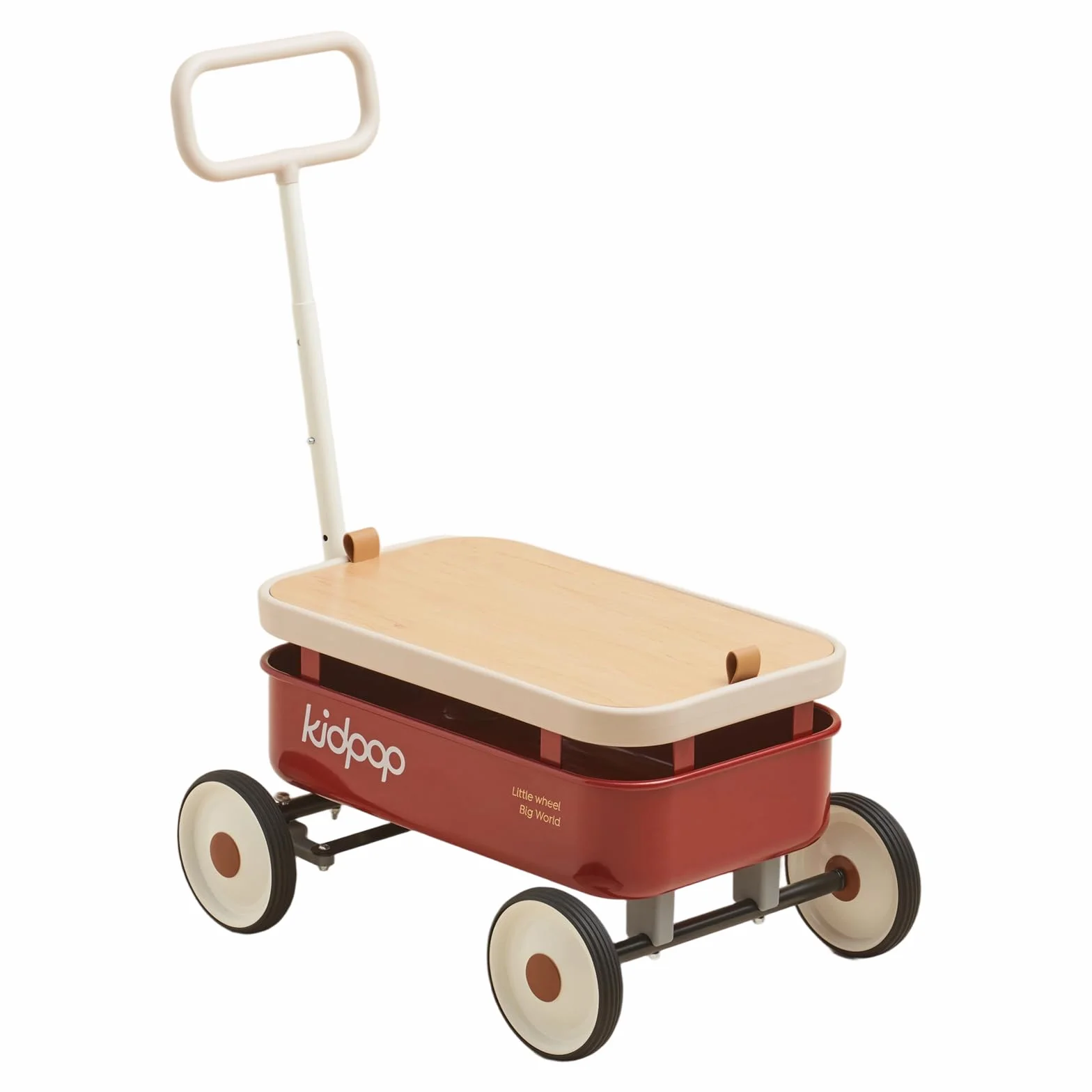 Kidpop PULA-Wild 3 in 1- Carrello a mano per bambini, 2,5-8 anni, copertura in legno rimovibile e manubrio regolabile, regalo di compleanno, peso massimo 16 kg, rosso