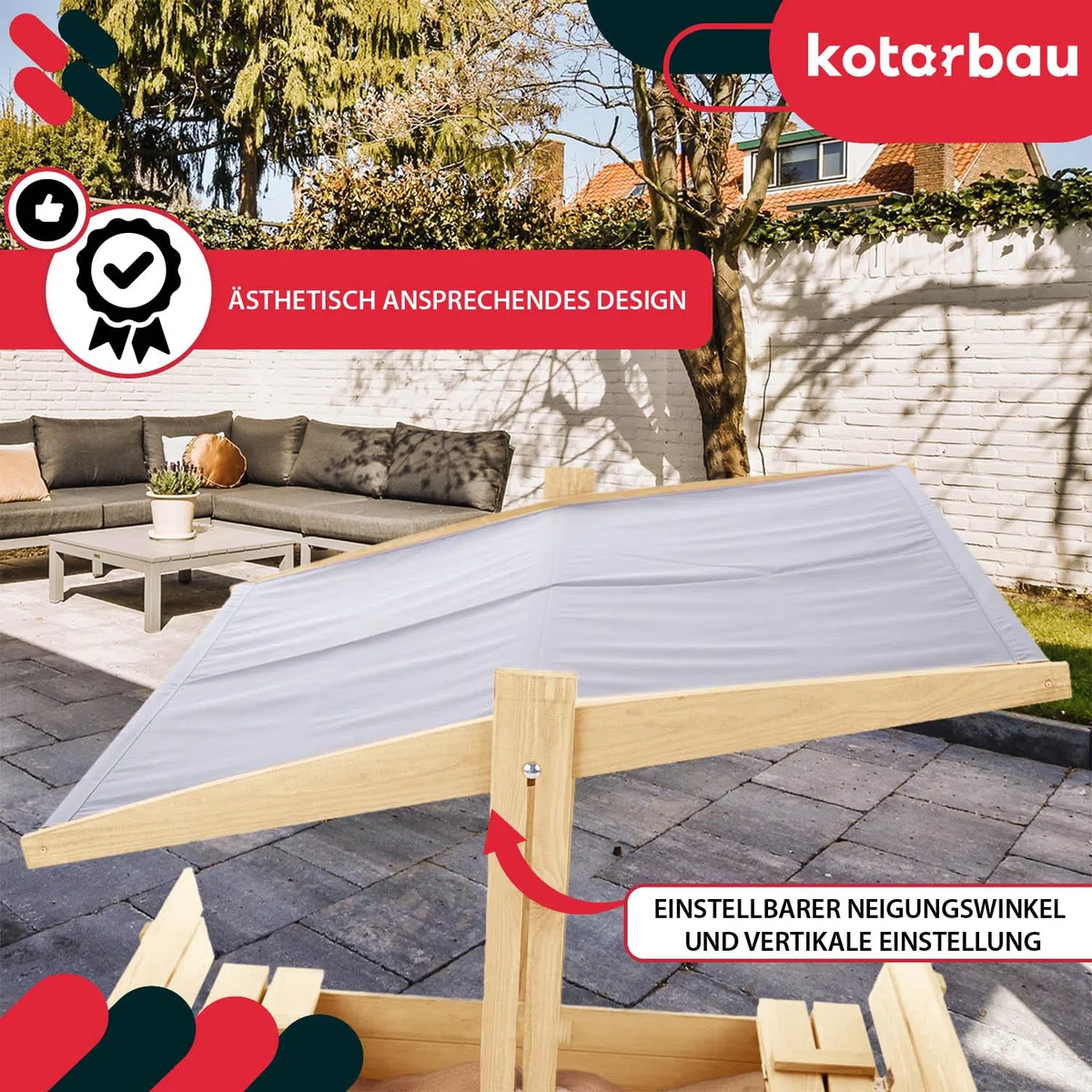 KOTARBAU® Sabbiera per Bambini - Legno di Pino - 140 x 140 cm - Naturale - Sabbiera con Coperchio - con Tetto Grigio e Sedute - da Esterno Giardino - Protezione Sole Pioggia
