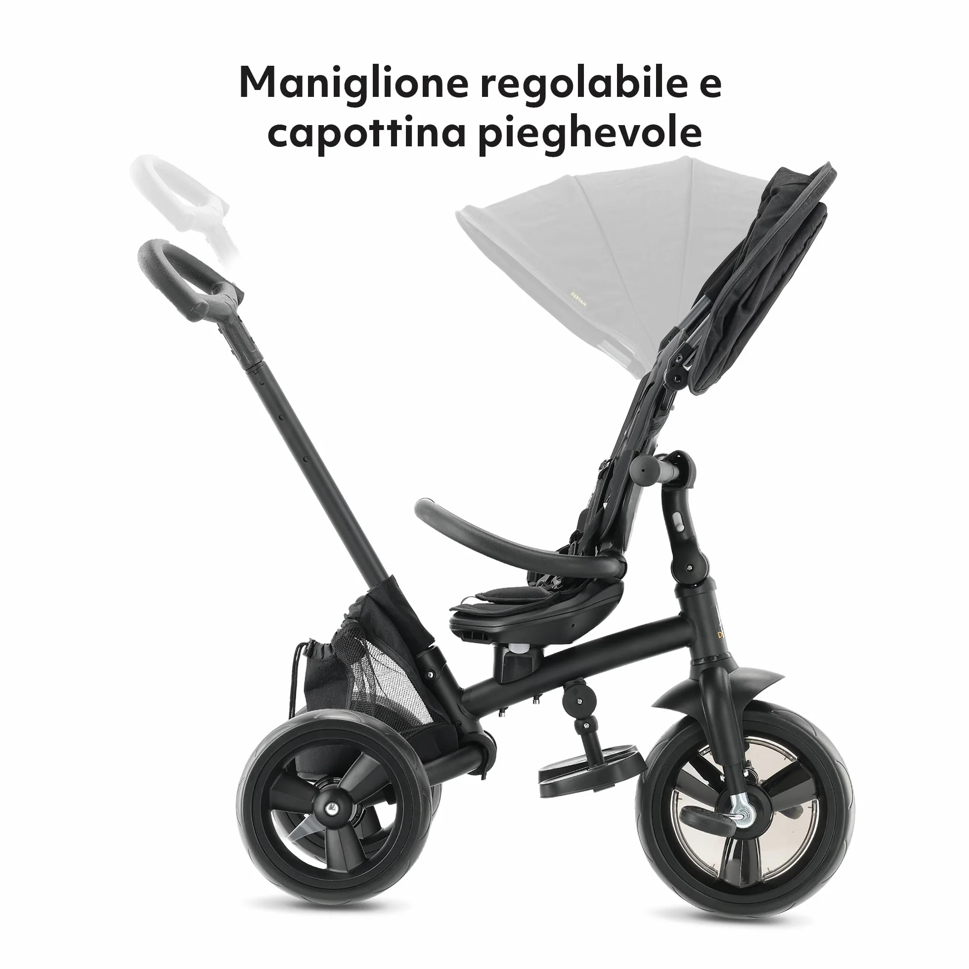Deryan Explorer Triciclo da 9 Mesi fino a 25 kg – Triciclo per Bambini con Maniglione di Spinta – Sedile Girevole – Tettuccio Estensibile con Protezione Solare – Nero