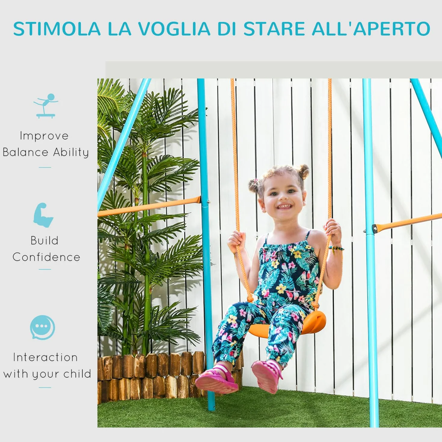 Outsunny Altalena da Giardino con Seggiolino e Picchetti, in Acciaio per Bambini 3-8 Anni, 163x145x181cm, Blu e Arancione