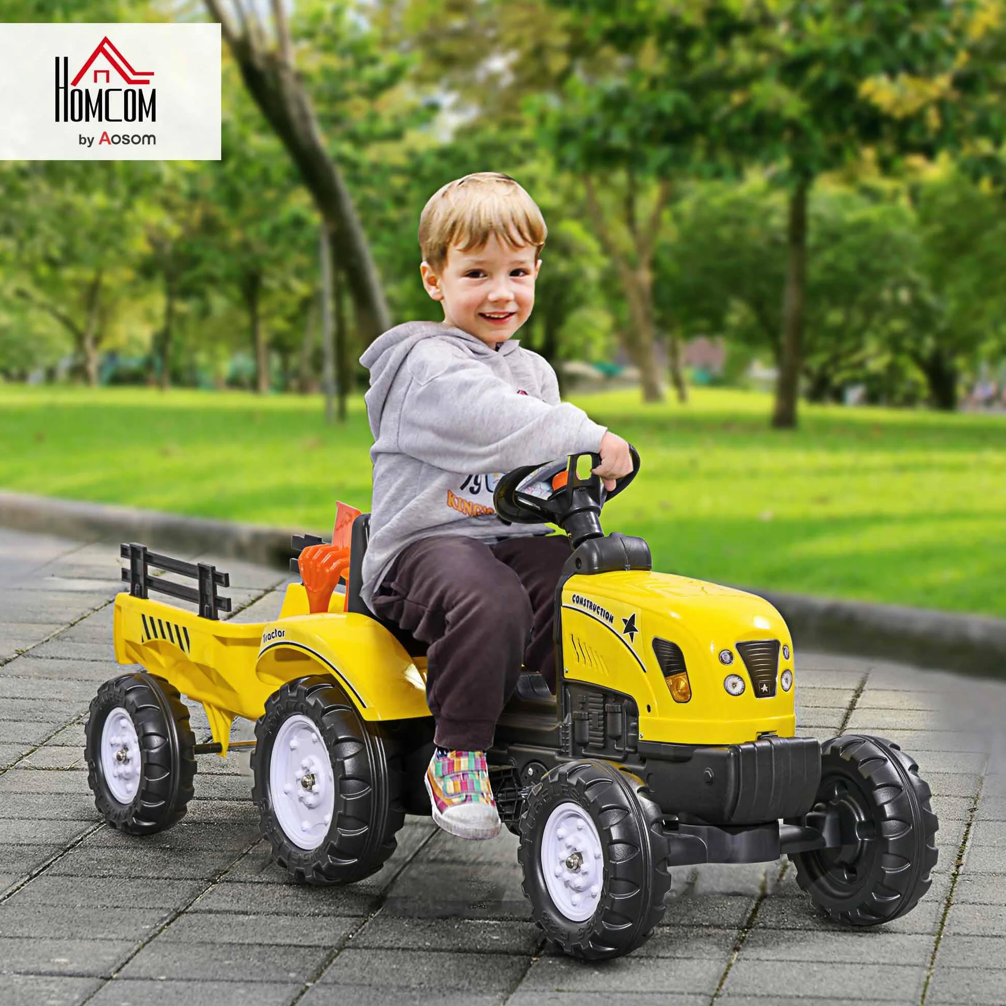 HOMCOM Trattore a Pedali per Bambini 3+ Anni con Rimorchio, Giallo