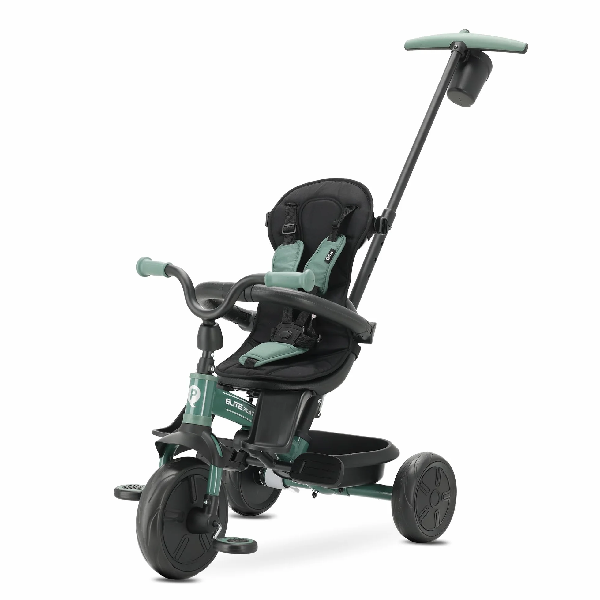 Triciclo Evolutivo QPLAY Elite Platinum 6 in 1 con sedile girevole a 360°, per bambini da 10 a 36 mesi, Maniglione direzionale, Capottina XL, Poggiapiedi e cestino (Verde)