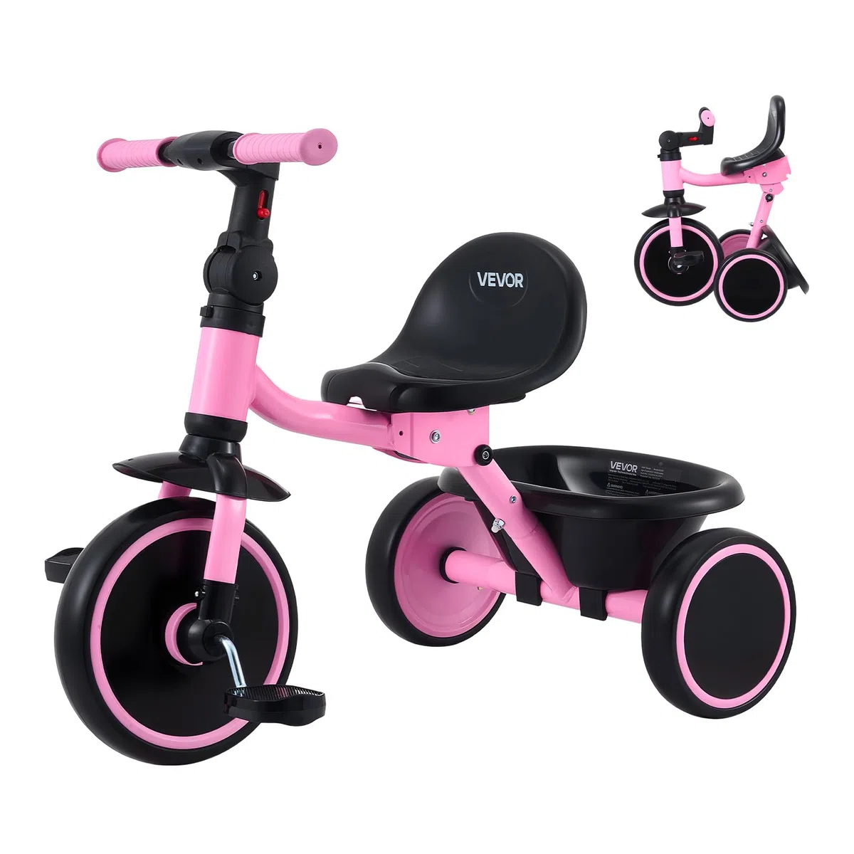 VEVOR Triciclo per Bambini 2-5 Anni con Sedile Regolabile Cestino Posteriore Telaio Acciaio Carbonio Ruote EVA Rosa Nero