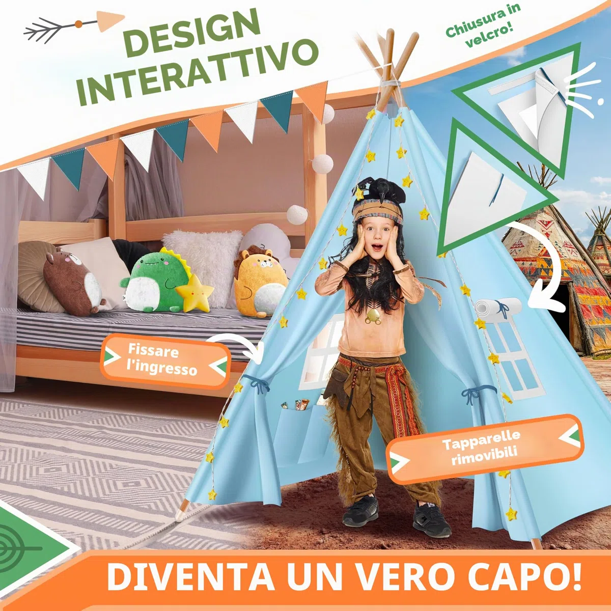 KIDIZ® Tipi Tenda da gioco per bambini 100 x 100 x 160 cm cotone con LED