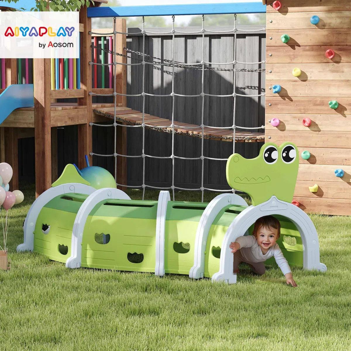 AIYAPLAY Tunnel da Gioco per Bambini 3-6 Anni a Forma di Coccodrillo, Tunnel Gioco da Interno ed Esterno in Plastica, Modulabile in Diverse Forme, Adatto per Asilo e Parco Gioco, Verde