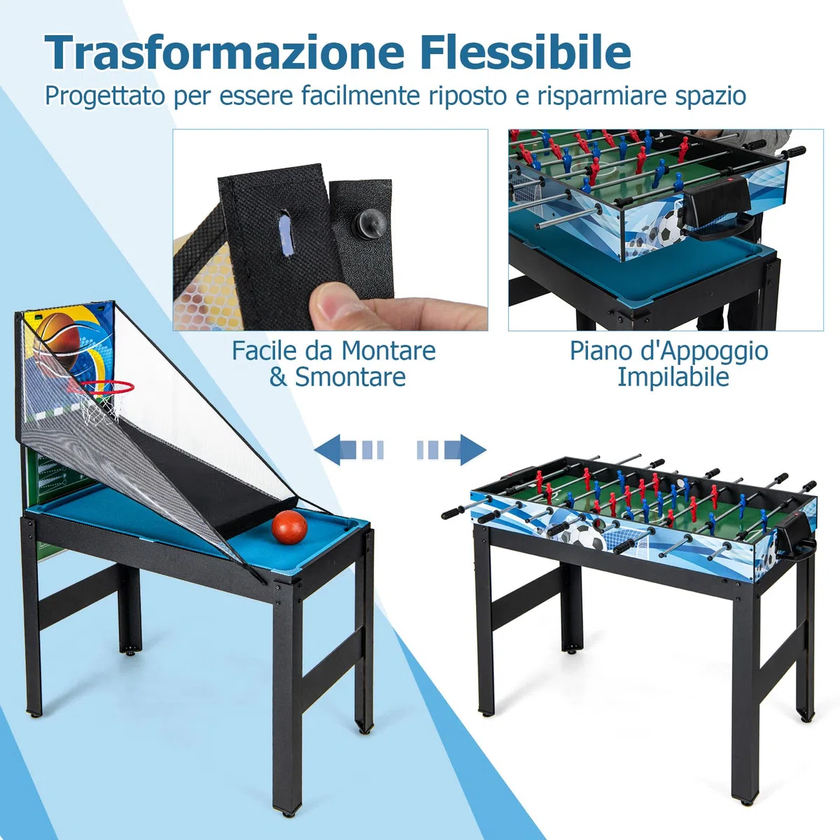GYMAX Tavolo da Gioco 14-in-1, Combo Tavolo da Gioco con Basket, Biliardo, Calcetto, Ping Pong, Hockey, Shuffleboard, Bowling, Scacchi, Dama, Backgammon, Tris per Feste, Sala Giochi