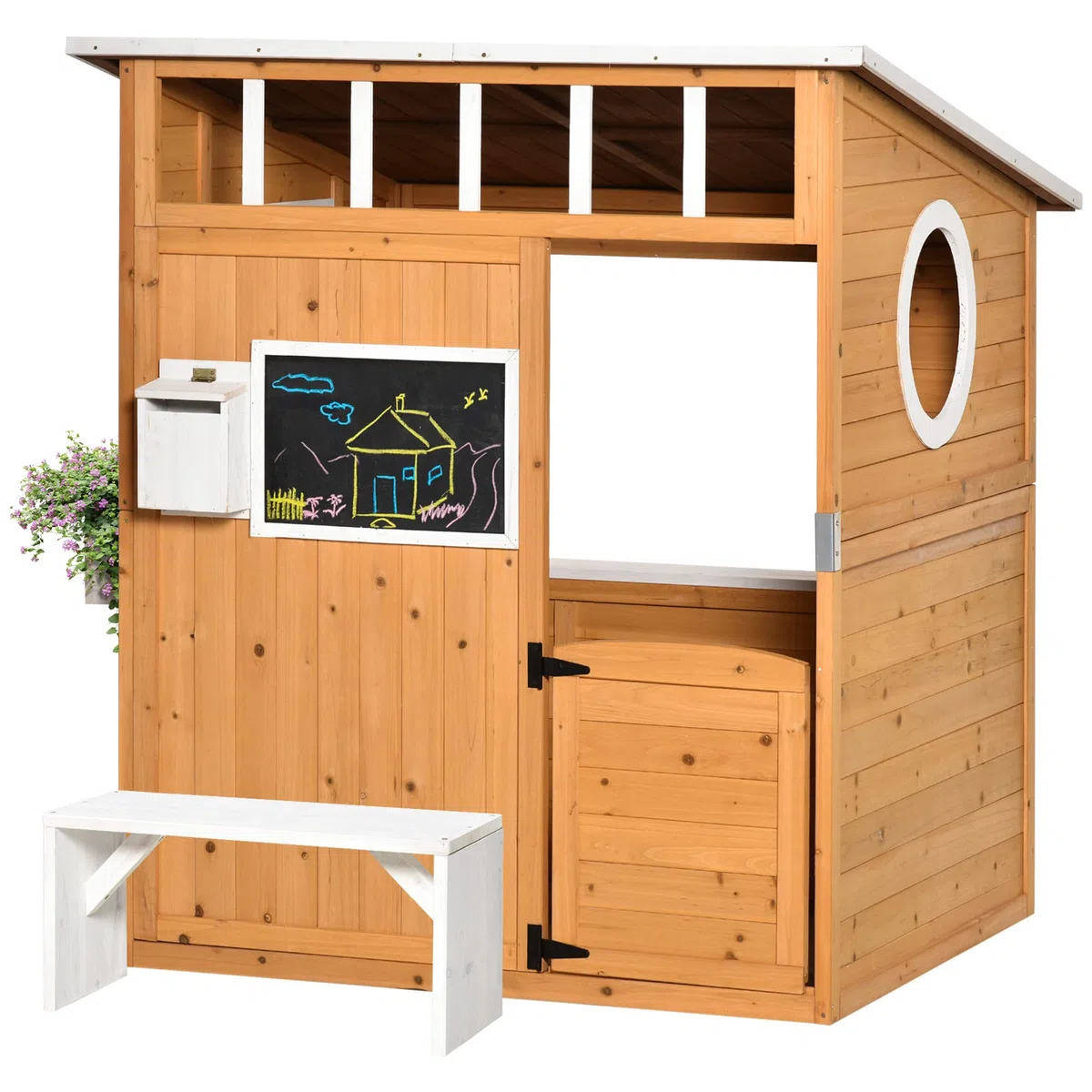 Outsunny Casetta per Bambini in Legno 122x108x135.5cm Gialla con Porta Finestre Panca Portavasi