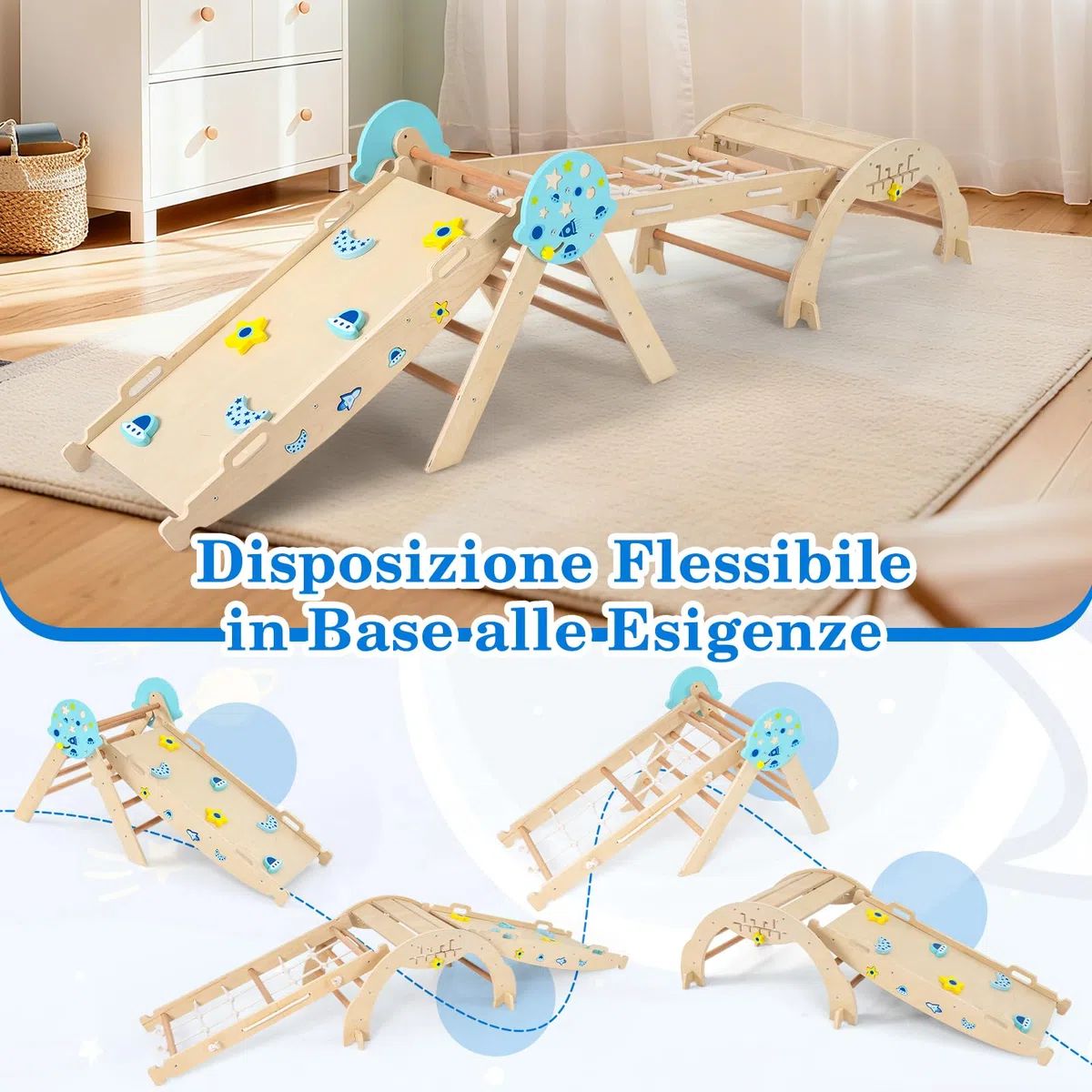COSTWAY Set da Arrampicata in Legno per Bambini, Giocattoli Montessori 8 in 1 con Triangolo Arco Rampa e Corda, Naturale