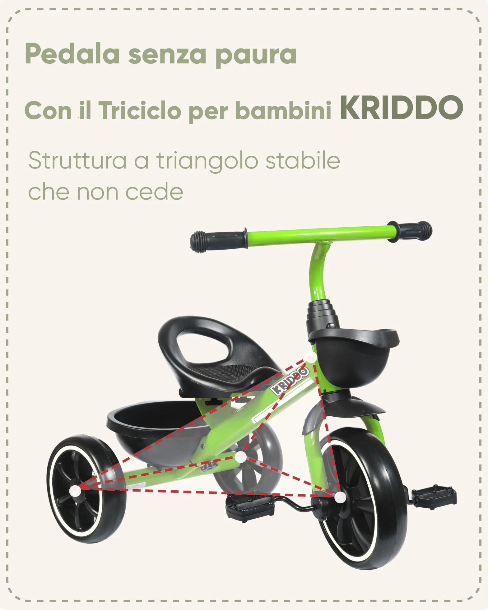 KRIDDO Triciclo per Bambini dai 24 mesi ai 5 anni, Tricicli per bambini da 2,5 a 5 anni, Triciclo Evolutivo da 2 a 4 anni, con Cestello Portaoggetti, Ideale da regalare, Verde