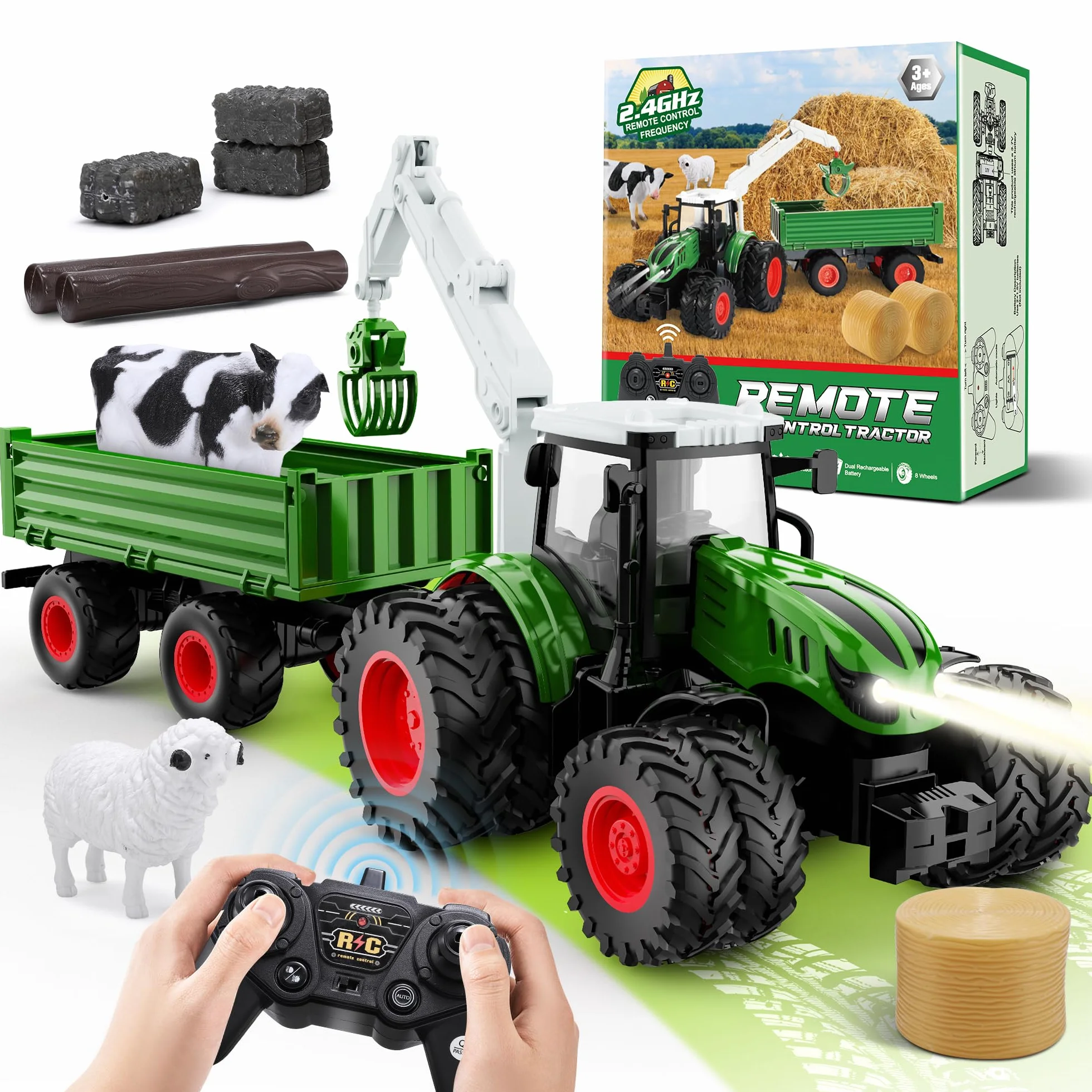 HappyGoLucky Trattore Telecomandato per Bambini, 2.4GHz, 1:16 Camion Telecomandato Fattoria Giocattolo con Luce, Rimorchio, Regalo Bambino 3-12 Anni Maschio, Regali Natale Bambini 2025 Halloween