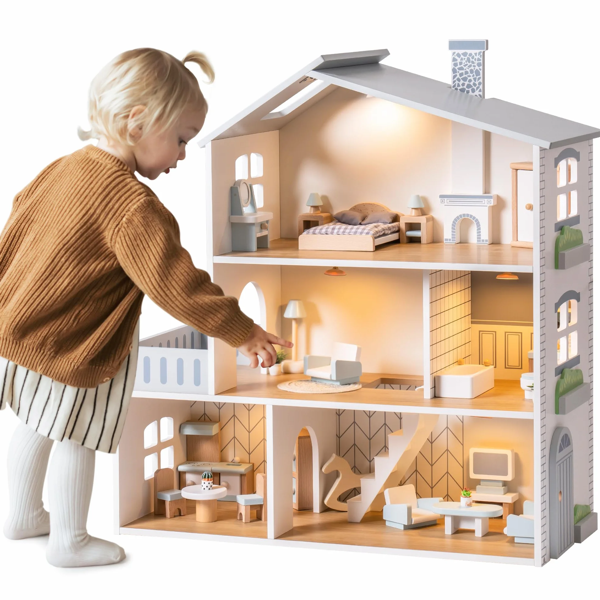 ROBUD Casa delle bambole in legno luci,3 piani, inclusi mobili e scale, giocattoli per bambini dai 3 anni in su