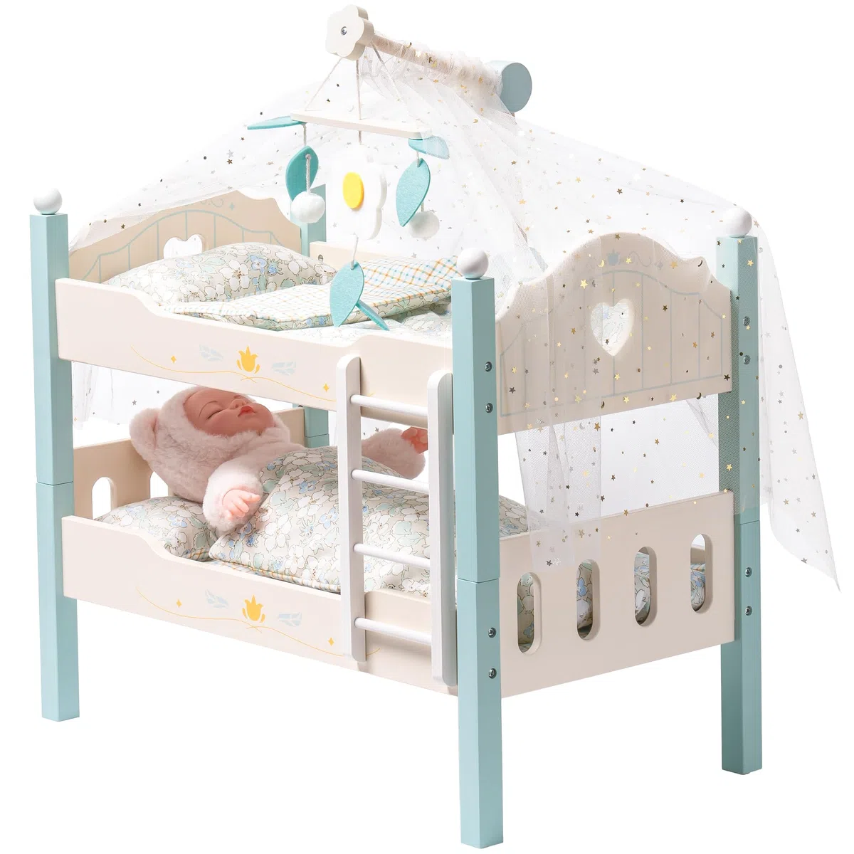ROBOTIME Letto a castello per bambole in legno da 18", lettino per bambole trasformabile con scaletta e biancheria da letto, culla per bambole impilabile, regalo perfetto per bambini, blu