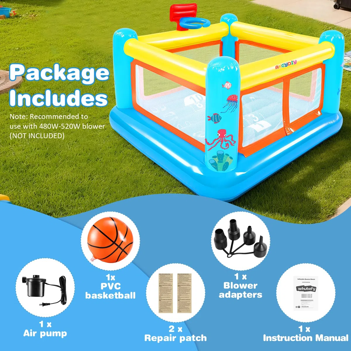 Castello gonfiabile per bambini da 3 a 6 anni, per interni ed esterni, in PVC resistente agli strappi, con piscina di palline rimovibile, cestino da basket e ventilatore (castello 3 in 1)