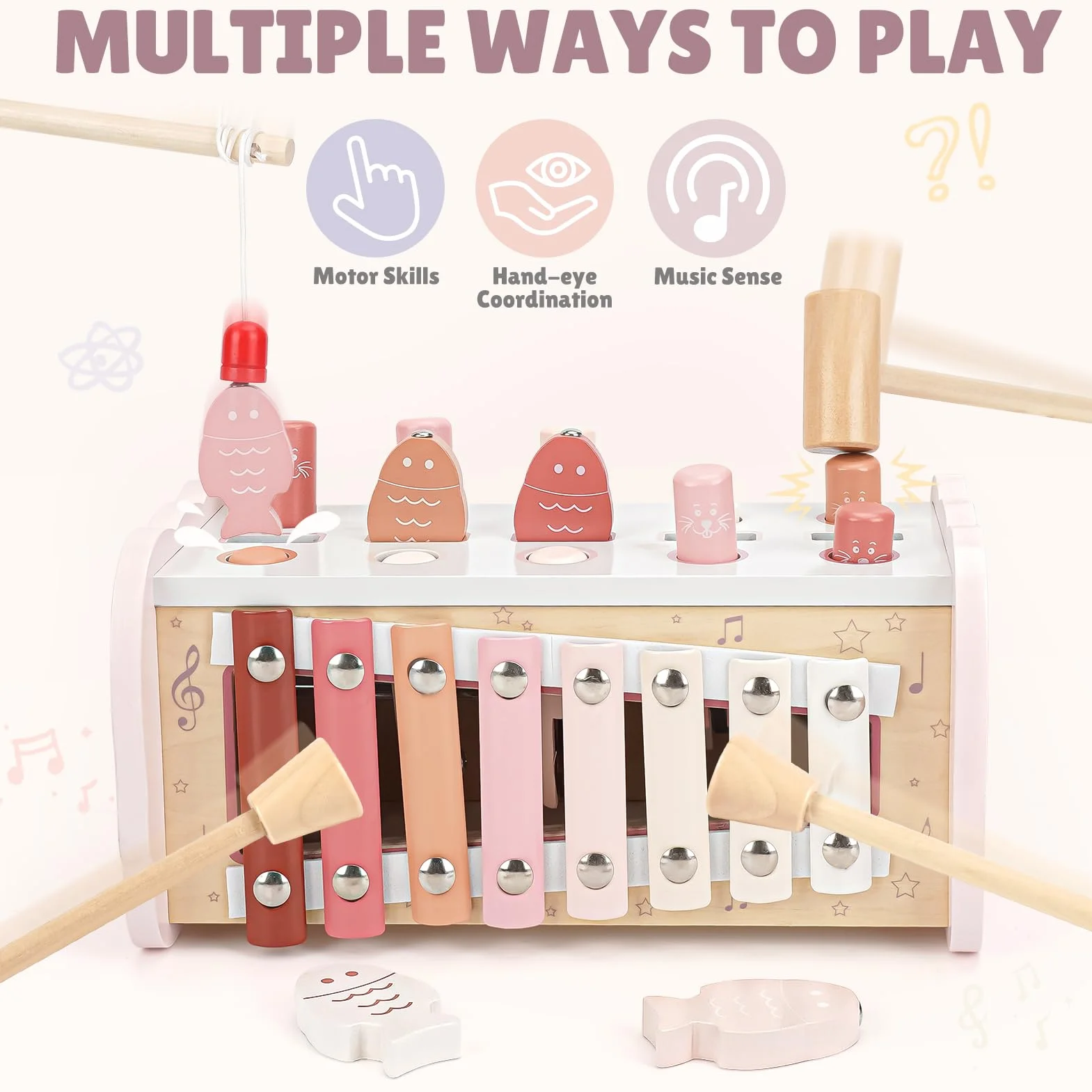 Joyreal Giochi Montessori 1 Anno - Giochi in Legno per Bambini, Acchiappa la Talpa, Xilofono, Regalo 1-3 Anni