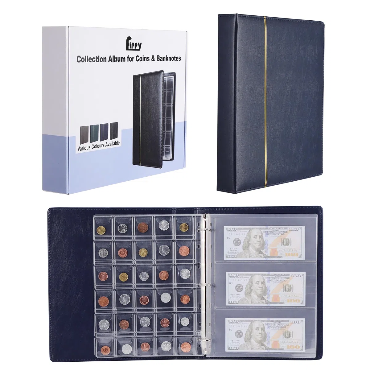 Album da Collezione di Monete e Banconote, 150 Tasche Raccoglitore Monete e 24 Tasche Porta Banconote, per Collezionare (Blu)
