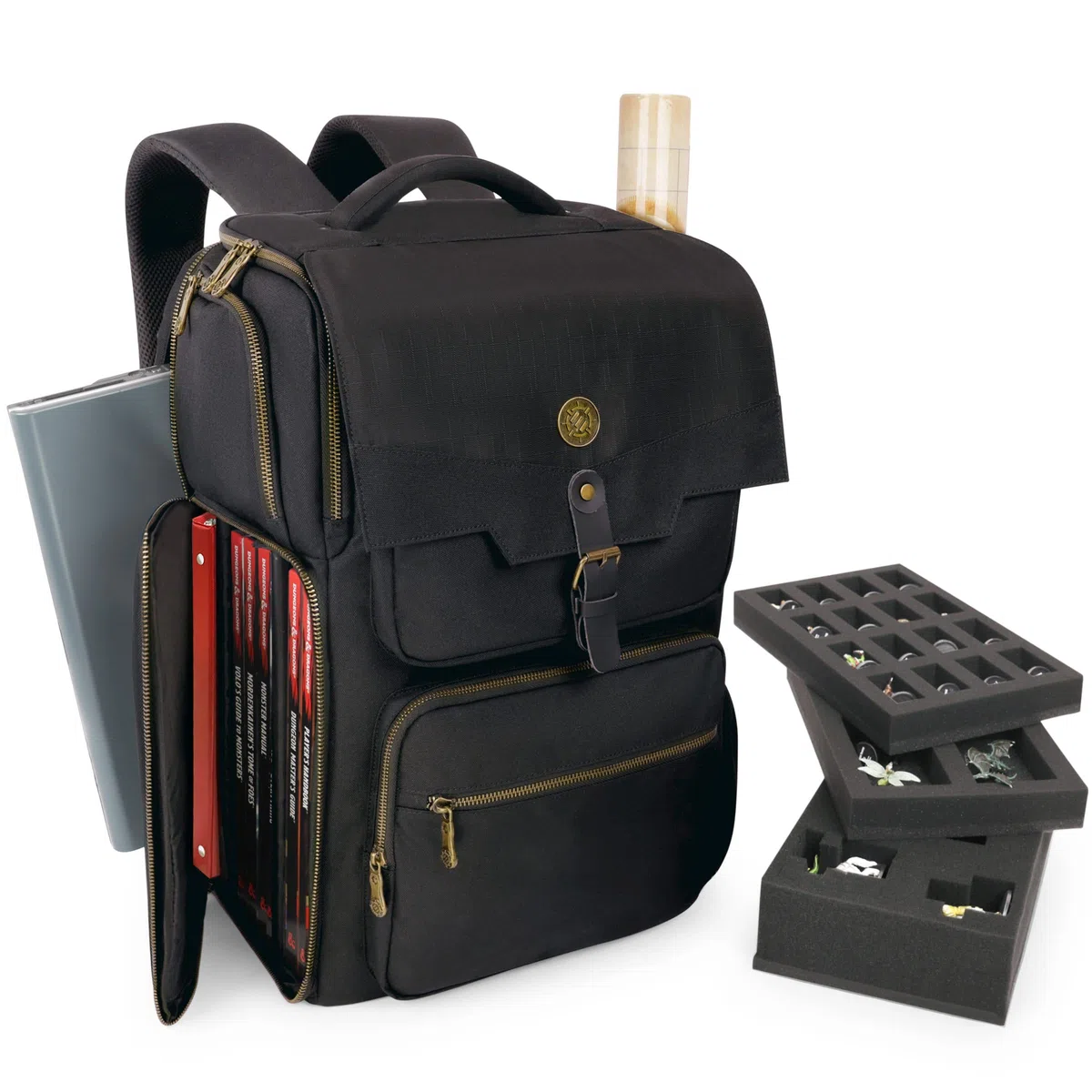ENHANCE DnD Zaino - Borsa RPG DM per Dungeons and Dragons - Organizer da viaggio DnD per borsa da 6-8 libri in posizione verticale, slot per laptop/schermo DM da 18", tasche per accessori