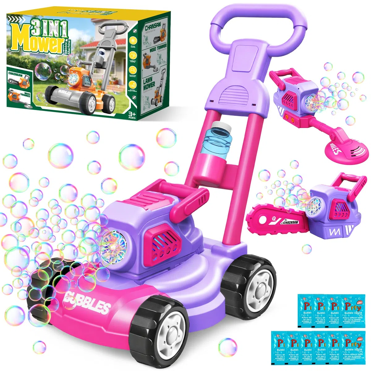 Tosaerba Spara Bolle per Bambini, Macchina per Bolle 3-in-1 con 10 Soluzioni, Giochi all'Aperto per Bambini 3-8 Anni, Regalo di Compleanno Pasqua Estate per Ragazzi e Ragazze 3 4 5 6 7 8 Anni