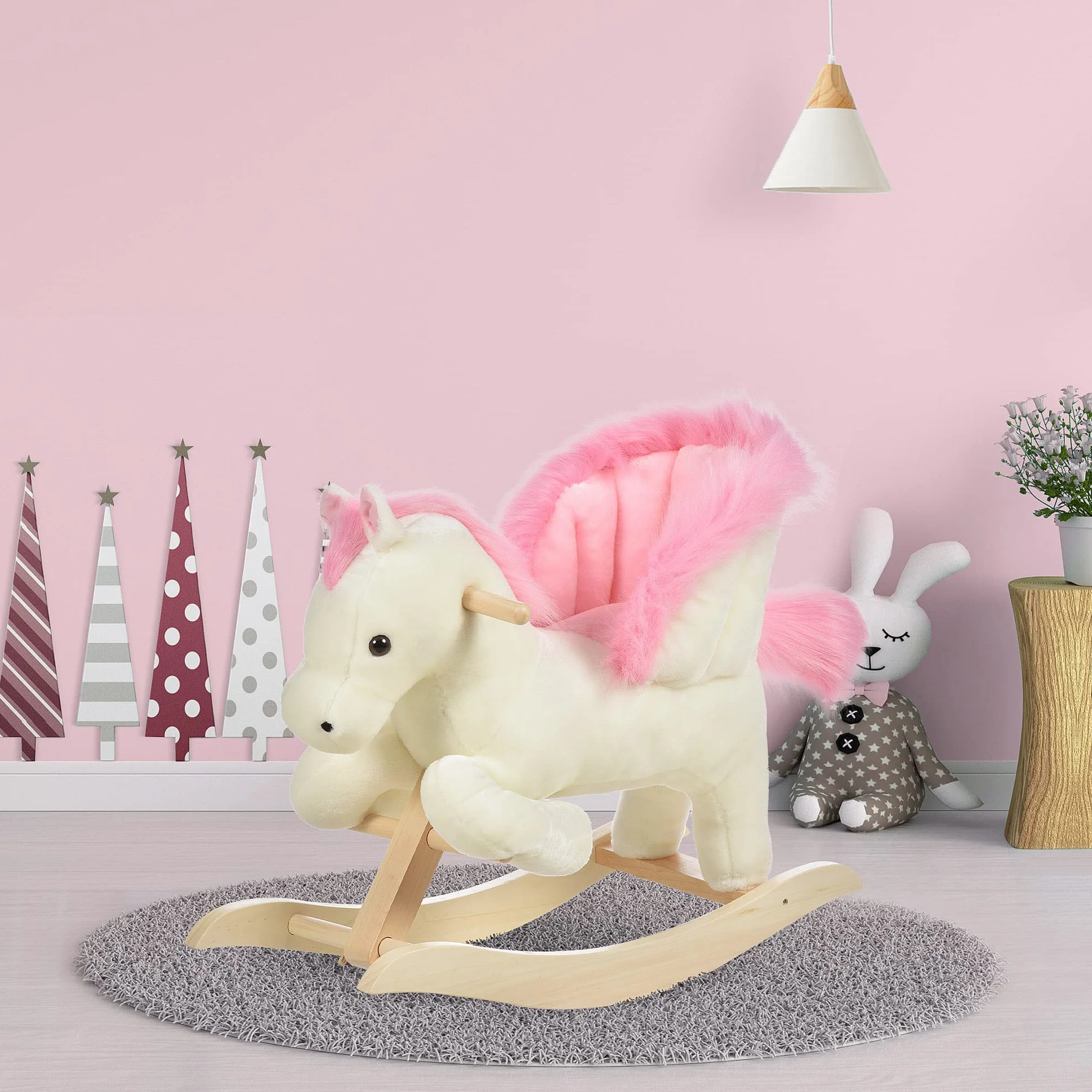 HOMCOM Cavallo a Dondolo Bianco e Rosa con Suoni e Struttura in Legno di Pioppo per Bambini 18-36 Mesi, 70x28x57cm