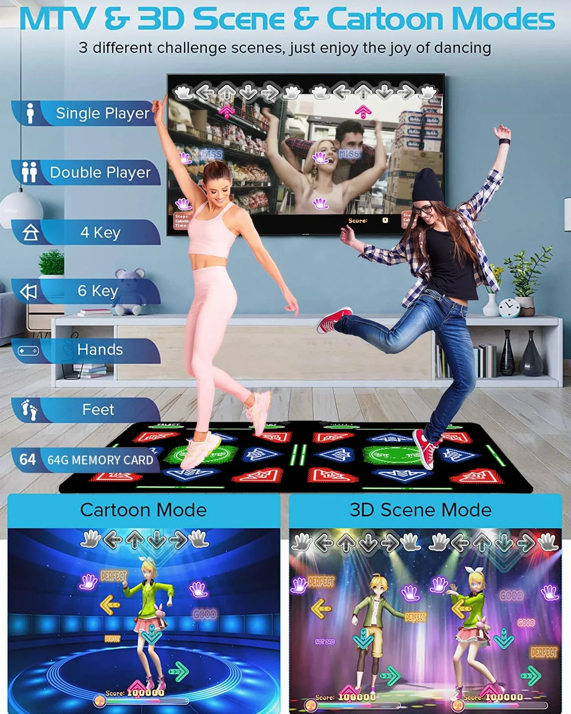 Tappetino da Ballo HDMI per Bambini e Adulti, 64 GB, con 1000 Giochi, 885 Canzoni e 81 MTV, Morbido Tappetino Fitness in Flanella per Yoga, Corsa, Aerobica, Sport e Puzzle, Perfetto Compleanno