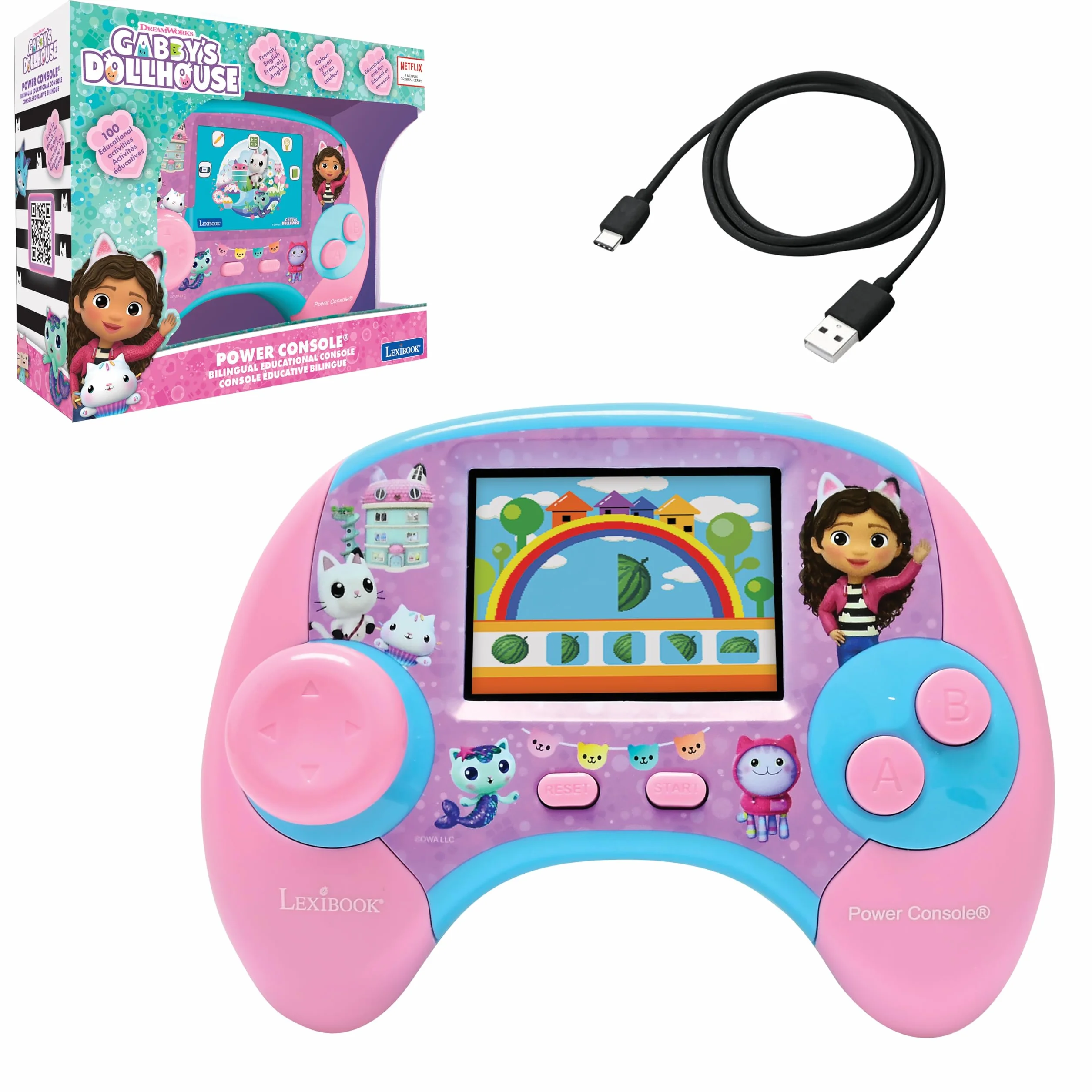 Lexibook, Gabby e Casa Magica, Power Console, Console di gioco educativo bilingue francese/inglese con 100 attività, schermo a colori, JCG100GDHi1, Rosa/Blu