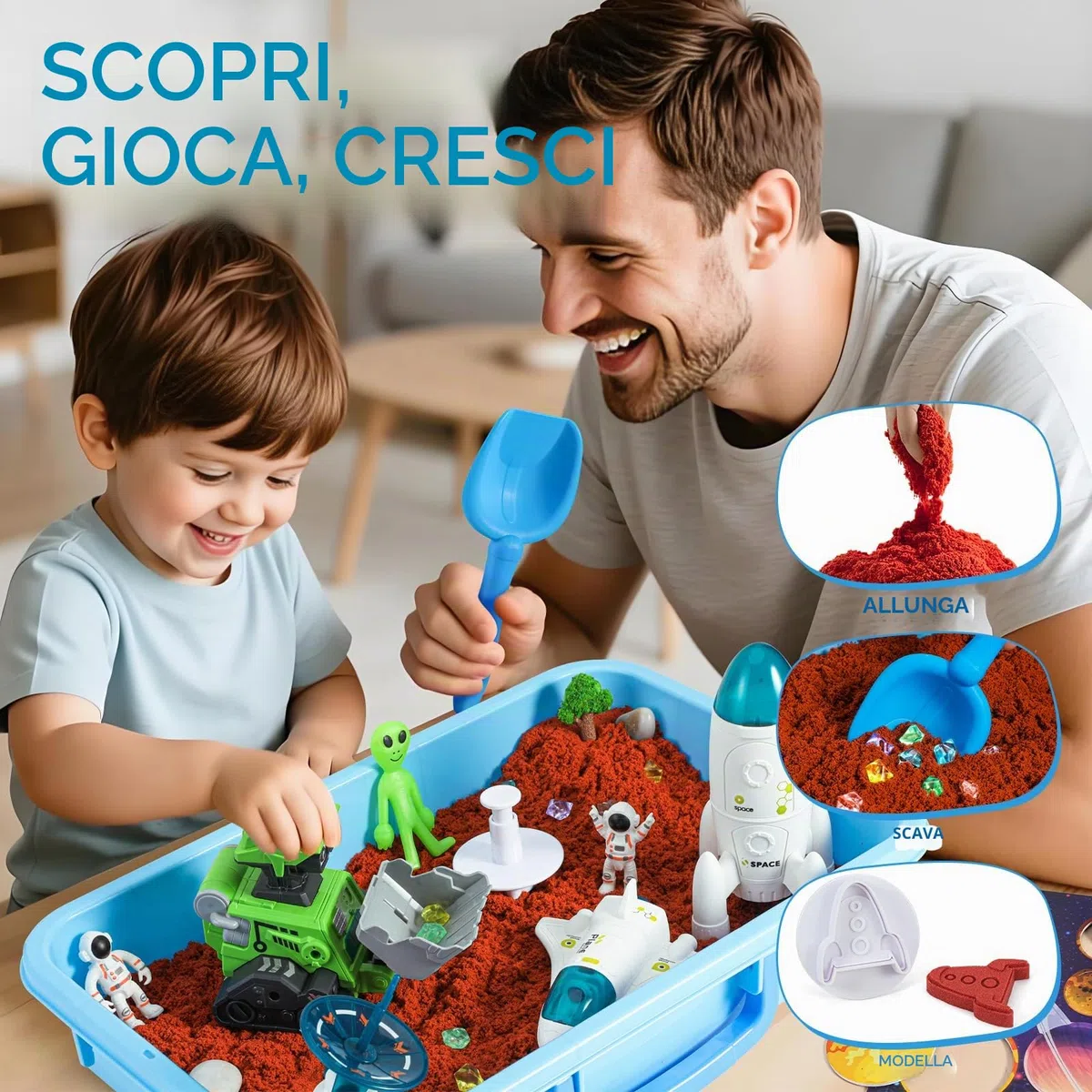 KNASON Sabbia Giocattolo Bambini, Spazio Scientifici Kit di Sand con Sabbia Magica, illuminano al Buio Alieno e Gemme, Giocattoli per Sabbiera Regalo di Natale per Bambini 3 ai 8 Anni