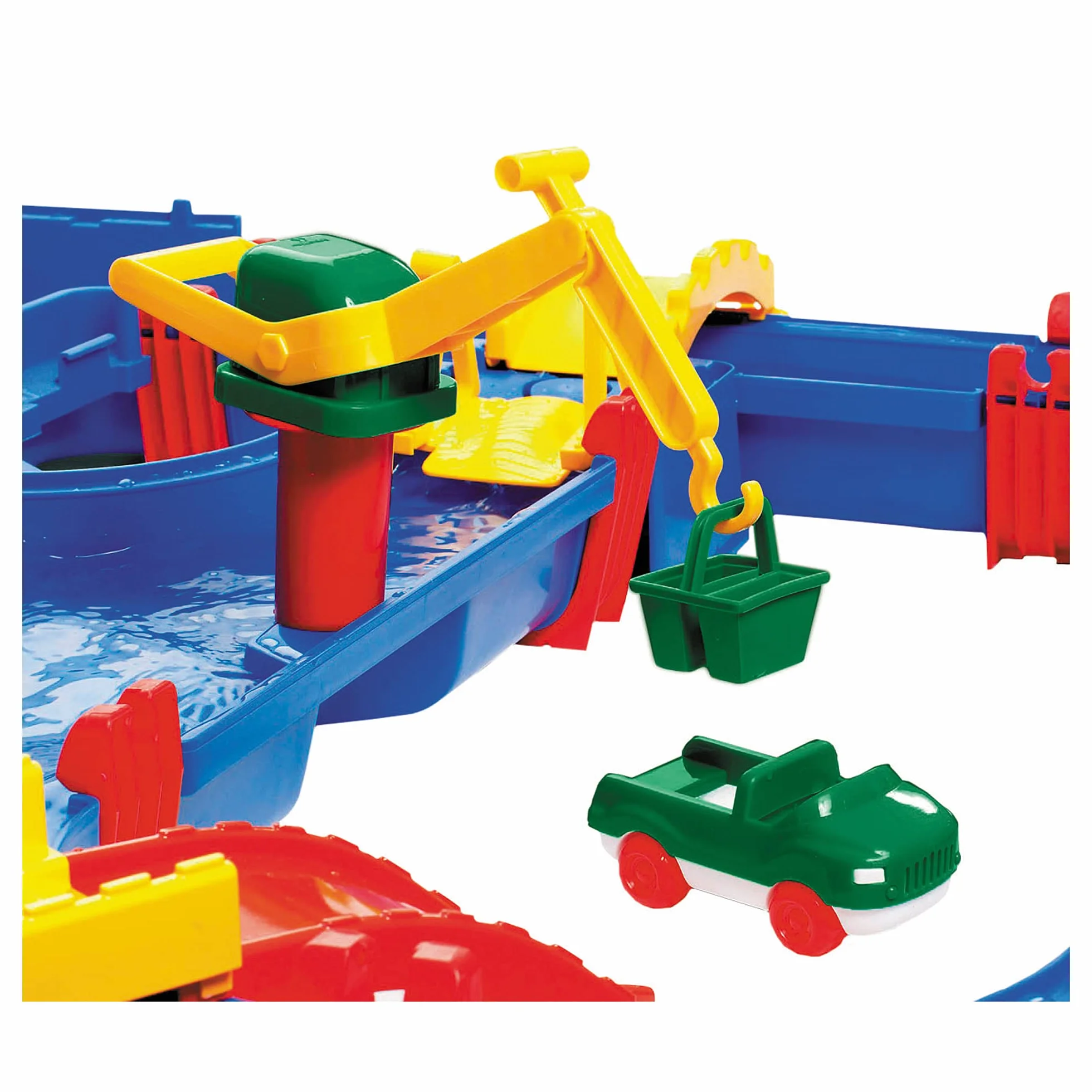 Tavolo d'Acqua per Bambini, Tavolo da Gioco colorato con Sistema di canali funzionanti, Gru, Ponti, Barca e Giocattolo per Auto, dai 3 Anni in su