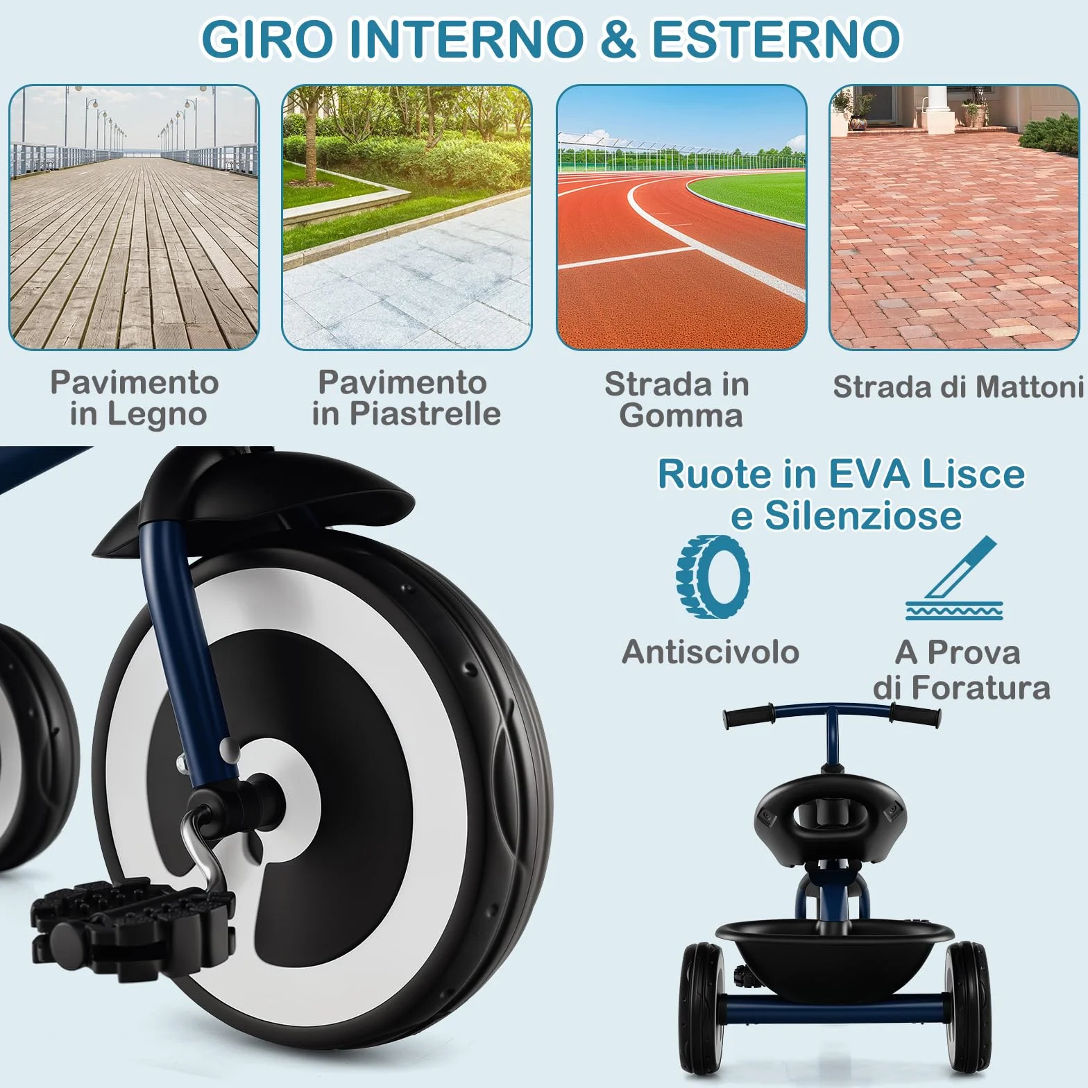 COSTWAY Triciclo per Bambini, Trike con Sede Regolabile Cestini Anteriori e Posteriori, Bicicletta a 3 Ruote con Telaio in Ferro Carbonioso di Alta Resistenza, per Bambini 1,5-5 Anni (Blu)