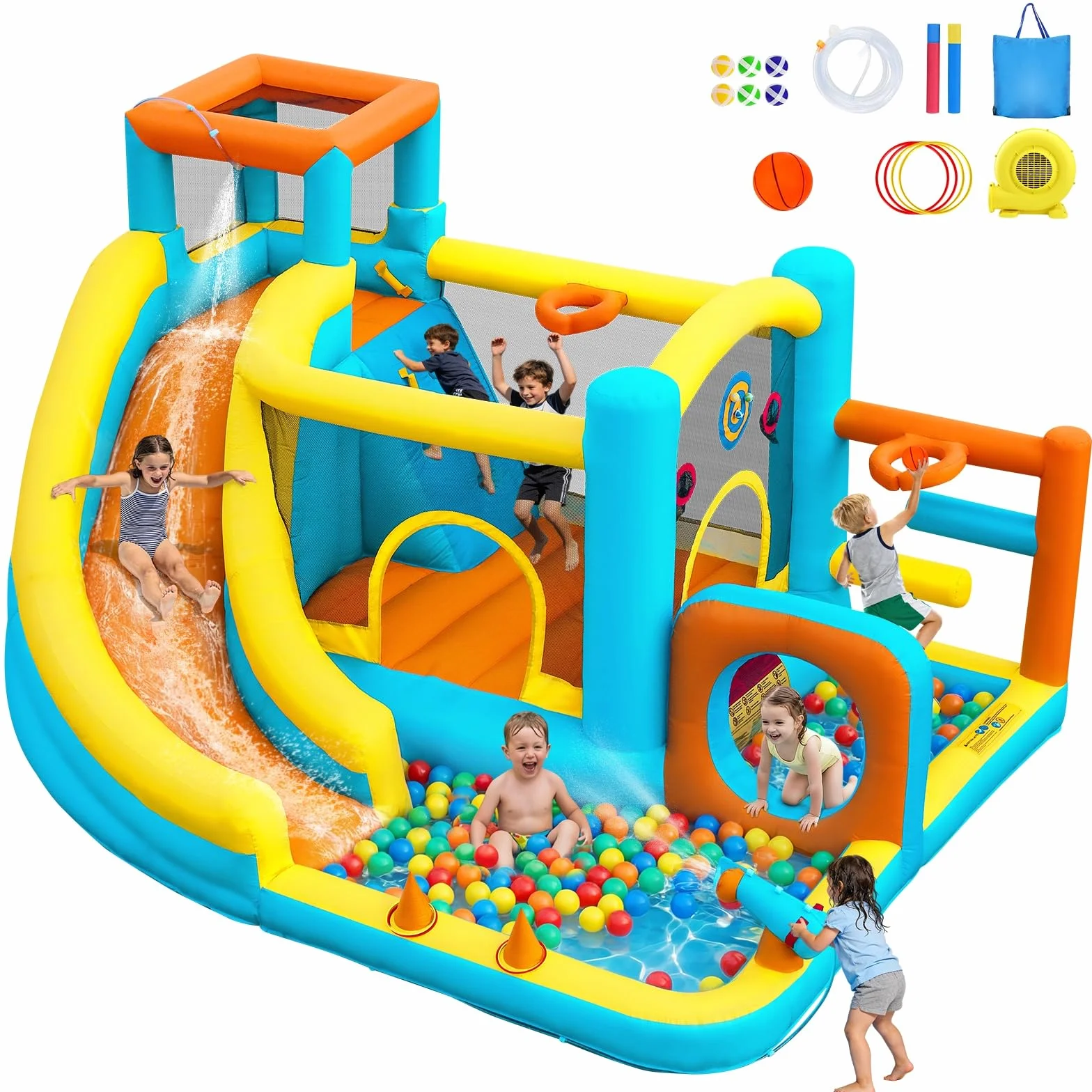 Castello Gonfiabile con Scivolo Acquatico, Piscina di Palline, Area di Salto e Parete da Arrampicata, Soffiatore d'aria Incluso, Utilizzo Interno/Esterno per Giardini, Feste e Famiglie