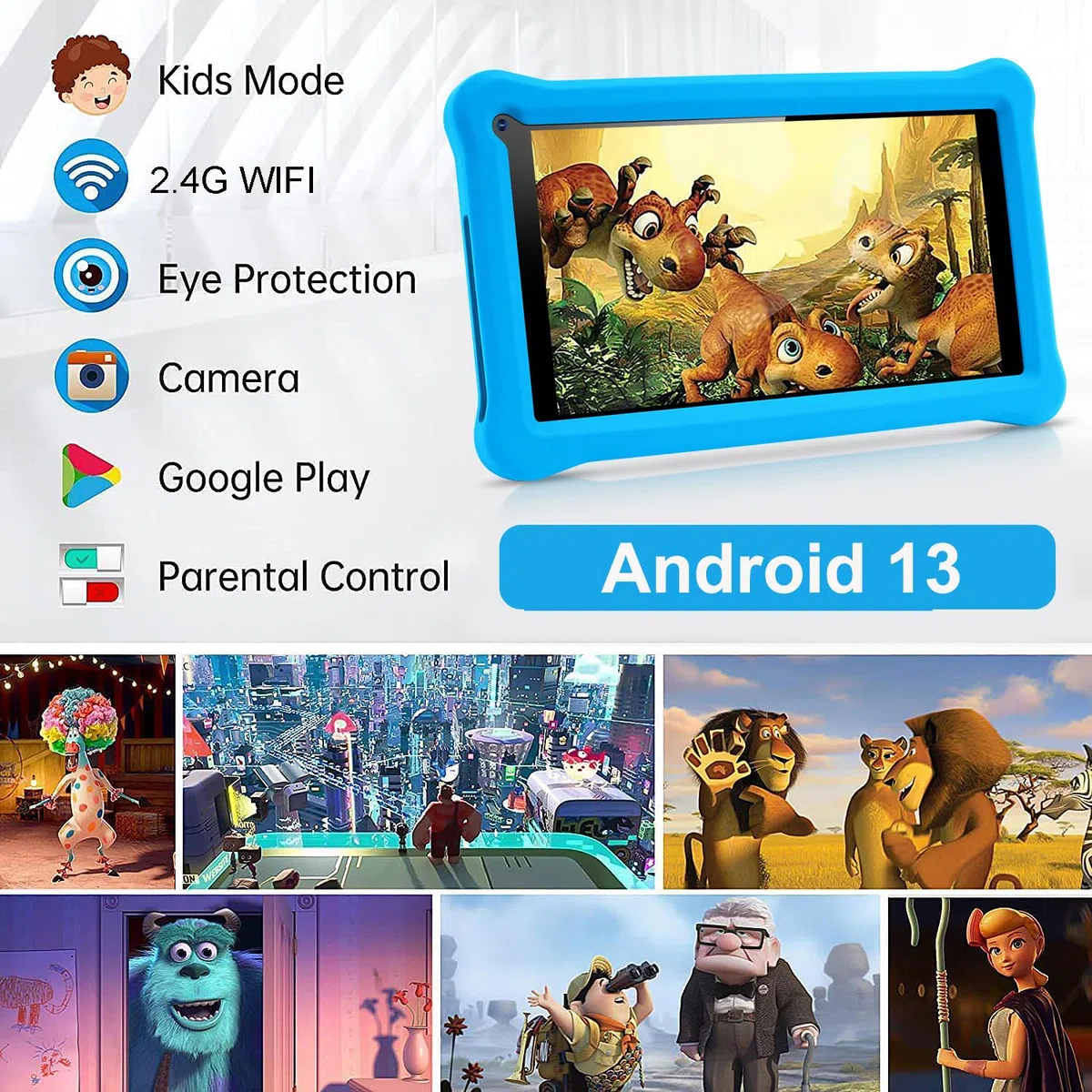 Tablet per bambini 7 Pollici Android 13 Tablet con Controllo Parentale, 8GB RAM+64GB ROM(128GB Espandibile), Doppia Fotocamera, Bluetooth, App preinstallate per Kids Tablet PC con Custodia (Blu)