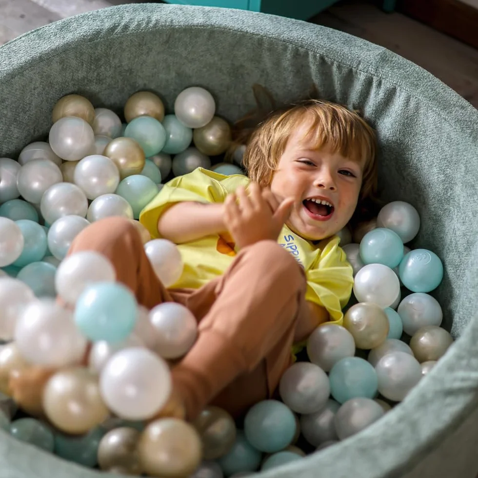 MISIOO Piscina con palline per bambini, 90 x 30 cm, con 200 palline da 6 cm di diametro, rotonda, in morbida schiuma, rivestimento rimovibile e lavabile, per interni