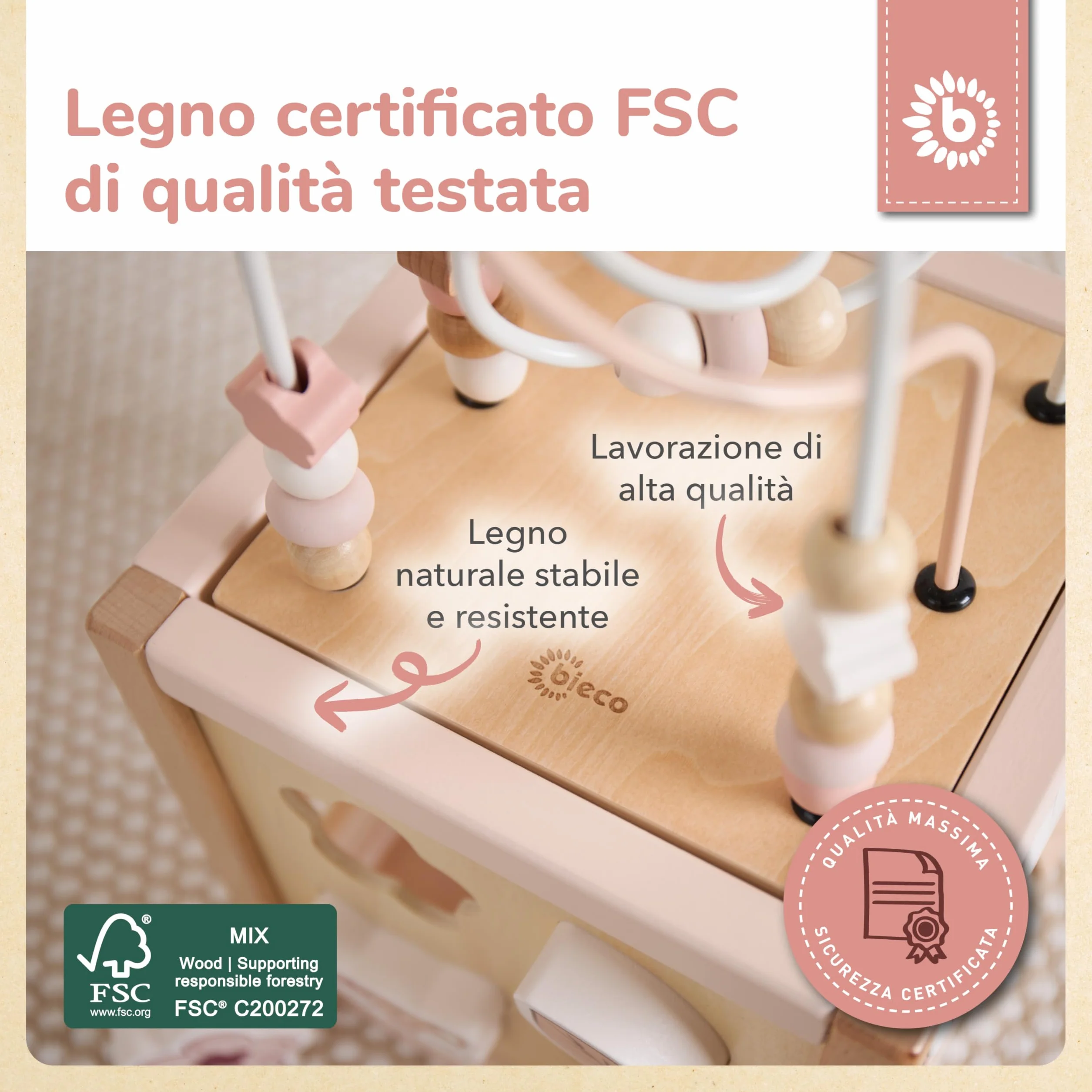 Bieco REH Ella - Cubo motorio in legno sostenibile FSC®, giocattolo per bambini, a partire da 1 anno, cubo di attività Montessori