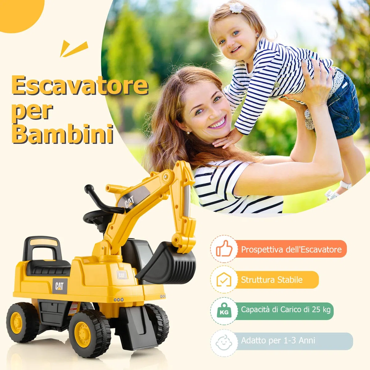 RELAX4LIFE Escavatore Ruspa Cavalcabile da 1-3 Anni per Bambini, con Licenza CATERPILLAR,Clacson suono,Braccio Girevole e Alzabile e e Vano Contenitore, 30x74x54 cm