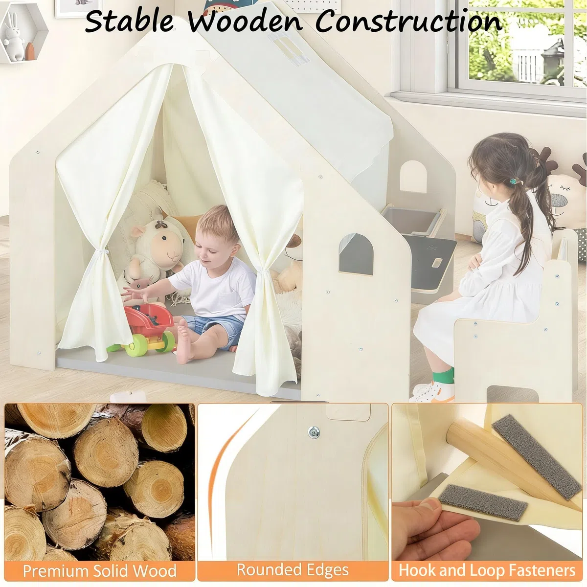 HOMASIS 6 in 1 Tenda per Bambini da Interno, Tenda Gioco con Tavolo e Sedia per Bambini, Casa da Gioco con Tappetino, Lavagna, Scatola Portagiochi (1 Scatola)