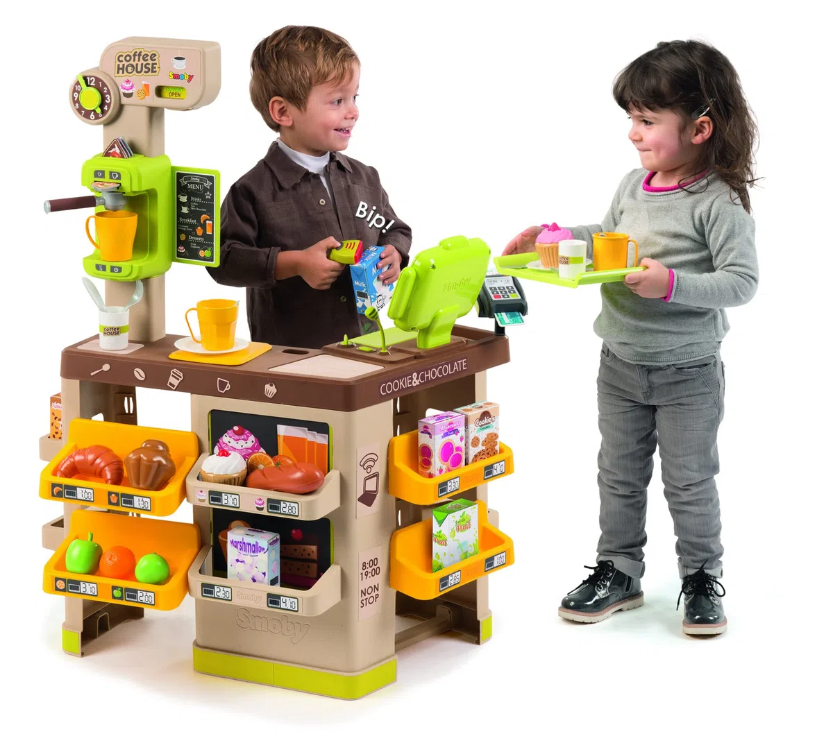 Smoby - Roleplay Coffee House, 7600350232, +3 Anni, 57 Accessori, Macchina del caffè, Registratore di Cassa, H. 89 Cm