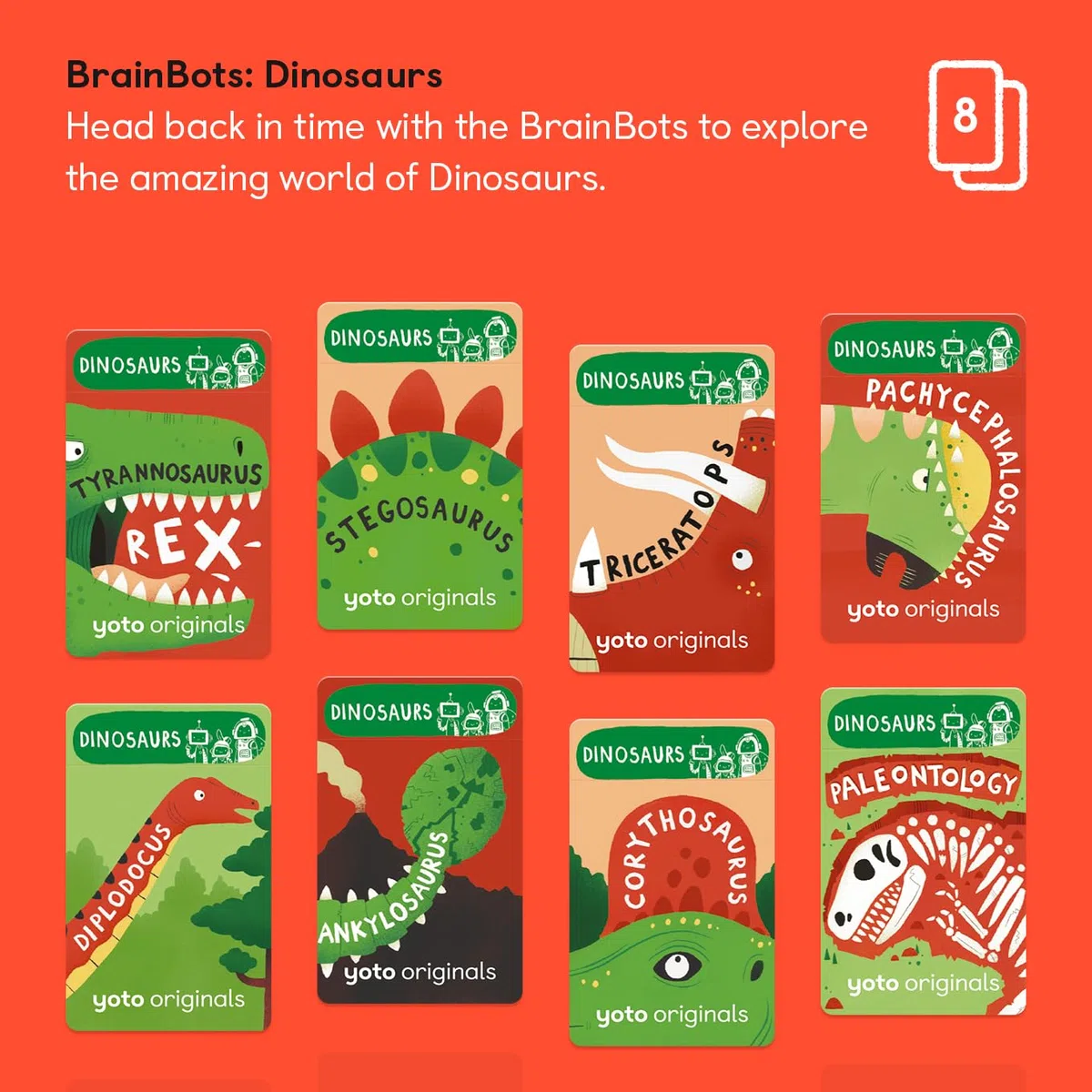 Yoto BrainBots: Dinosauri - 8 schede audiolibri per bambini da utilizzare con lettore e mini dispositivo audio all-in-1, ascolto educativo senza schermo con storie divertenti per apprendimento e quiz